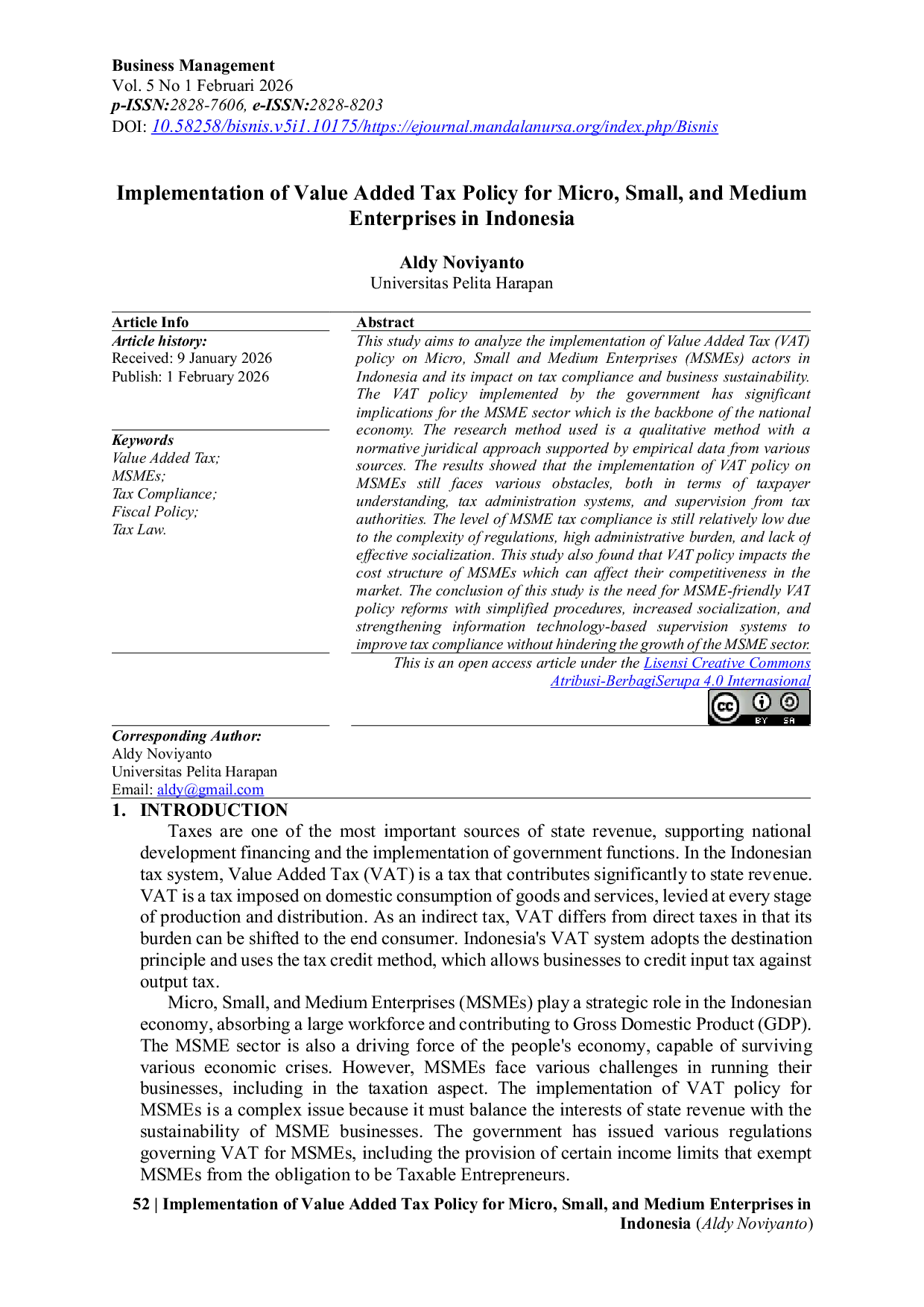 JURIS Implementasi Kebijakan Pajak Pertambahan Nilai PPN untuk Usaha Mikro Kecil dan Menengah di Indonesia