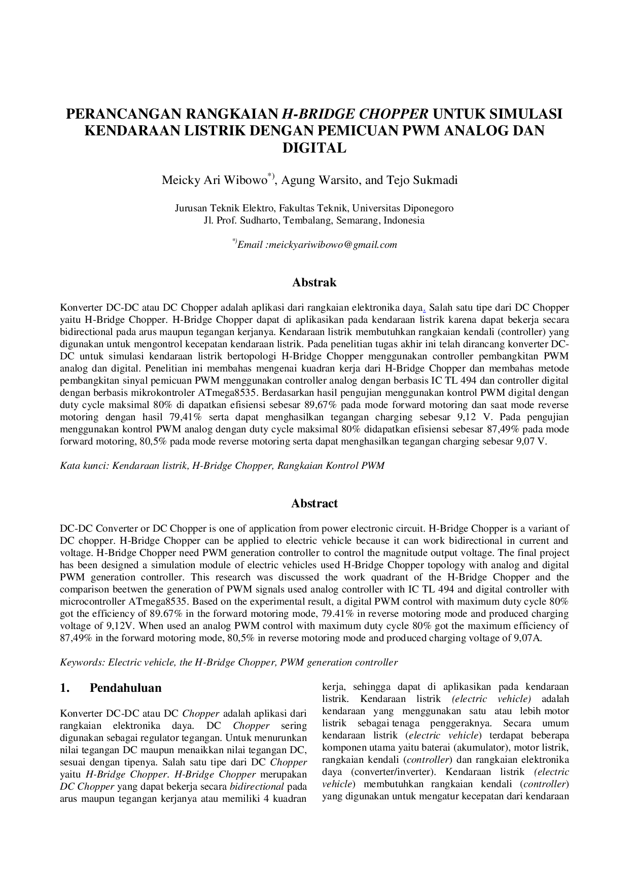 JURIS Perancangan Rangkaian H Bridge Chopper untuk Simulasi Kendaraan Listrik dengan Pemicuan PWM Analog dan Digital