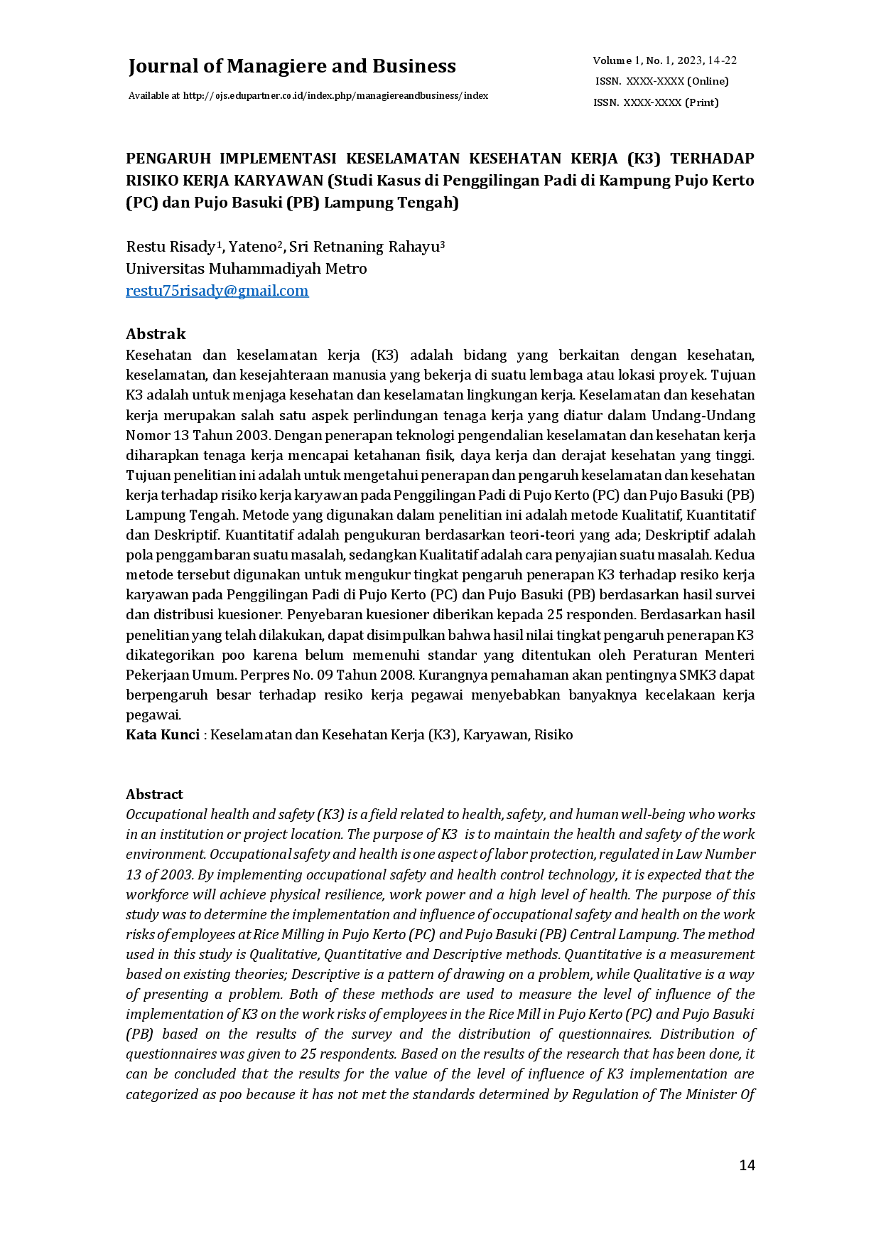 juris PENGARUH IMPLEMENTASI KESELAMATAN KESEHATAN KERJA K3 TERHADAP RISIKO KERJA KARYAWAN Studi Kasus di Penggilingan Padi di Kampung Pujo Kerto PC dan Pujo Basuki PB Lampung Tengah