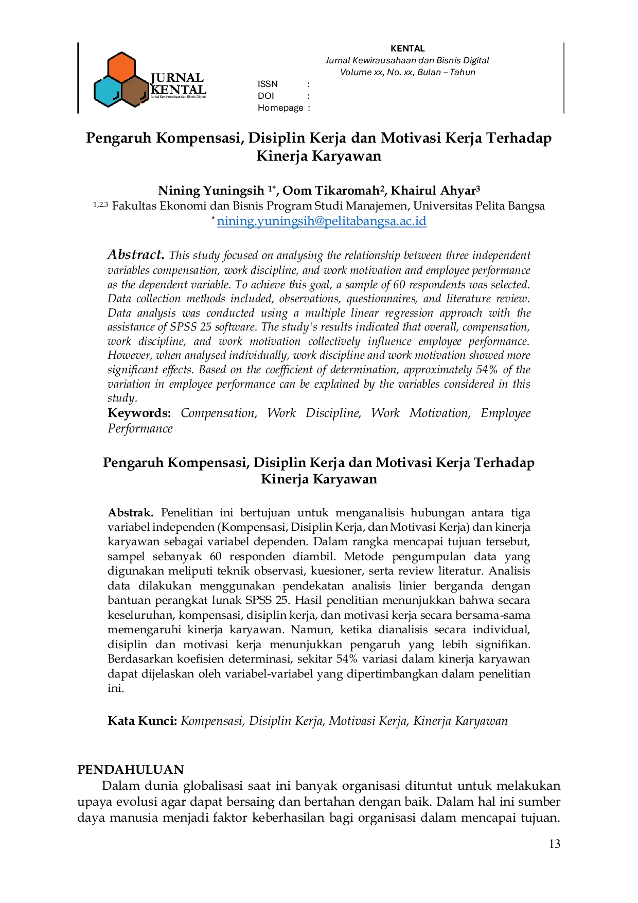 JURIS Pengaruh Kompensasi Disiplin Kerja dan Motivasi Kerja Terhadap Kinerja Karyawan