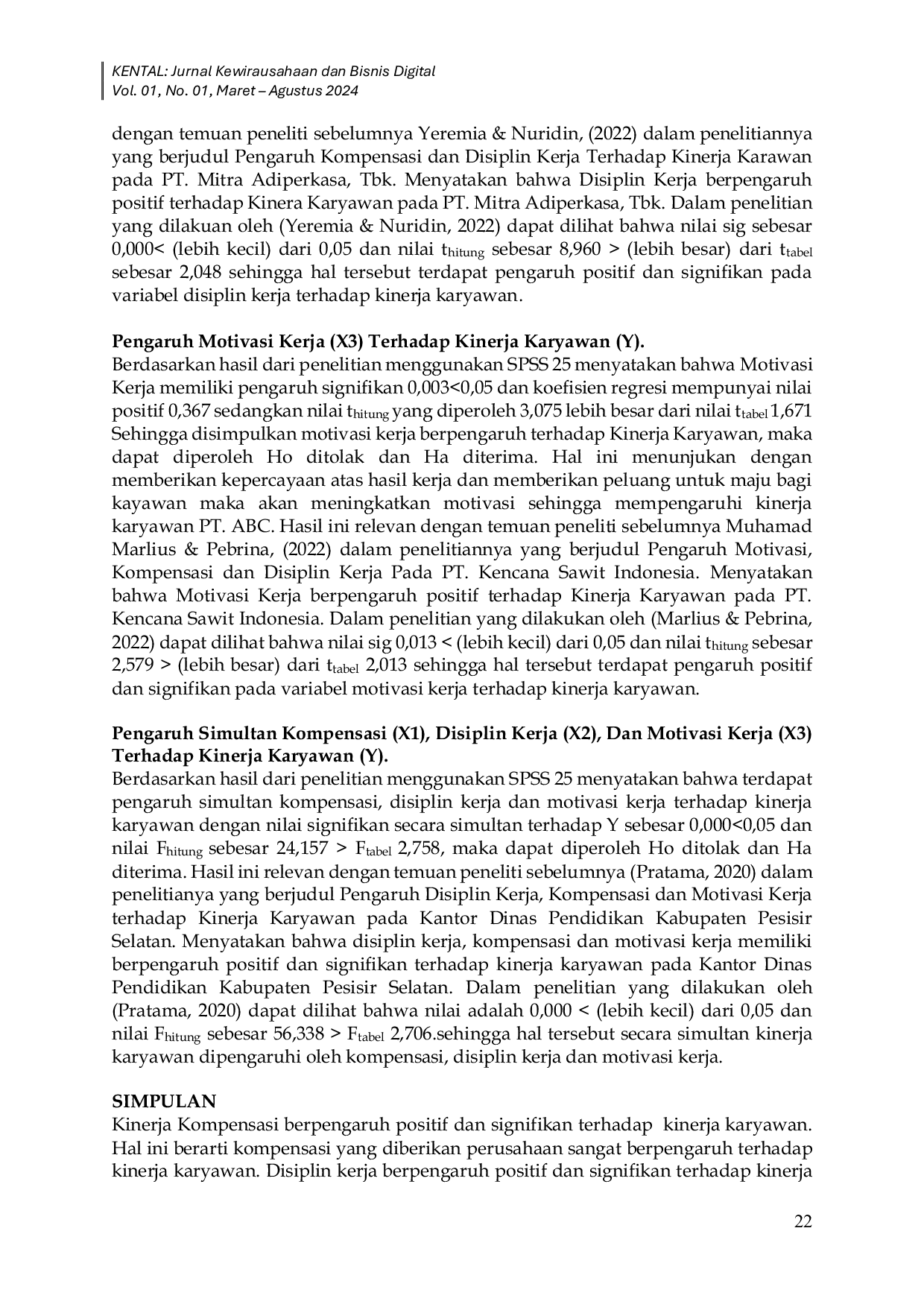 JURIS Pengaruh Kompensasi Disiplin Kerja dan Motivasi Kerja Terhadap Kinerja Karyawan