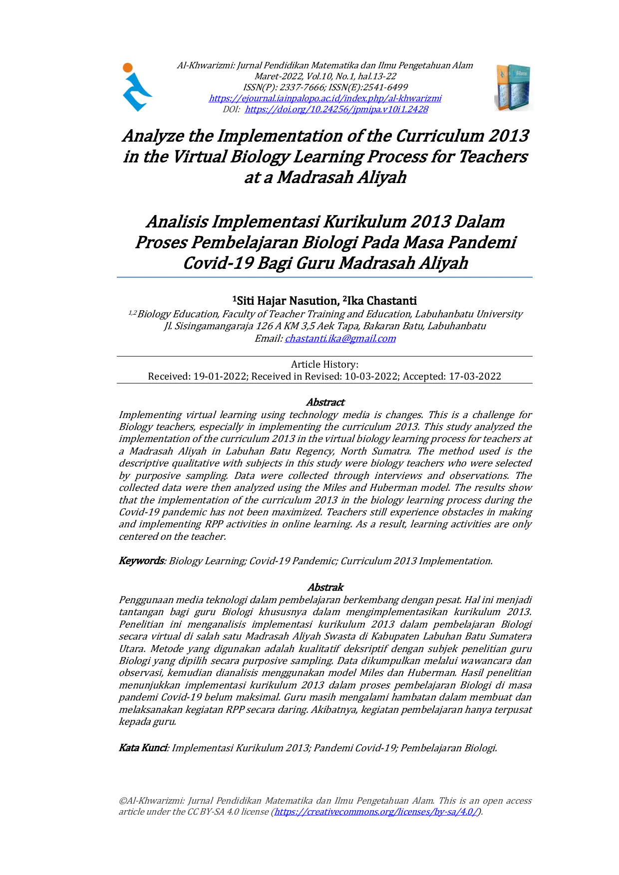 JURIS Analyze the Implementation of the 2013 Curriculum in the Virtual Biology Learning Process for Teachers at a Madrasah Aliyah