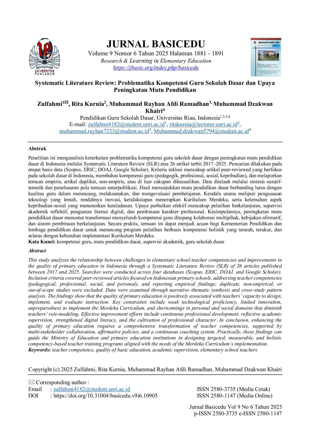 JURIS Systematic Literature Review Problematika Kompetensi Guru Sekolah Dasar dan Upaya Peningkatan Mutu Pendidikan