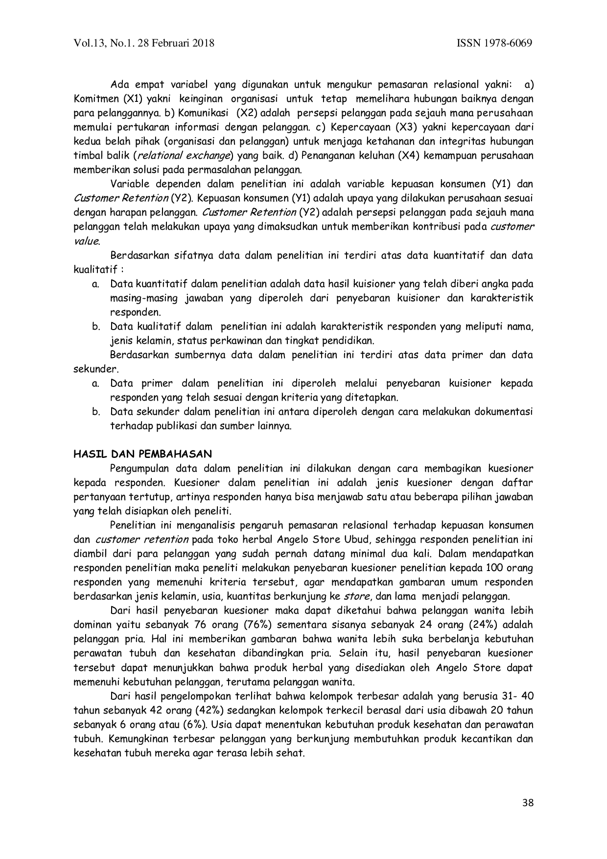 JURIS Pengaruh Pemasaran Relasional Terhadap Kepuasan Konsumen Dan Customer Retention Pada Toko Herbal Angelo Store Ubud Bali
