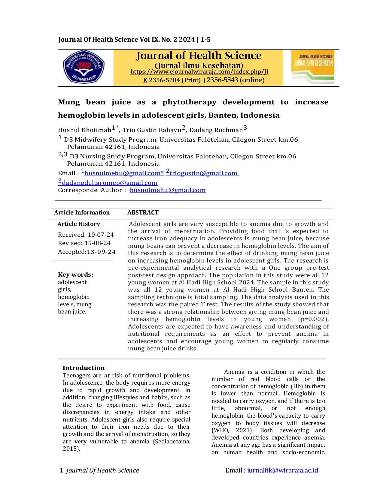JURIS Mung bean juice as a phytotherapy development to increase hemoglobin levels in adolescent girls Banten Indonesia
