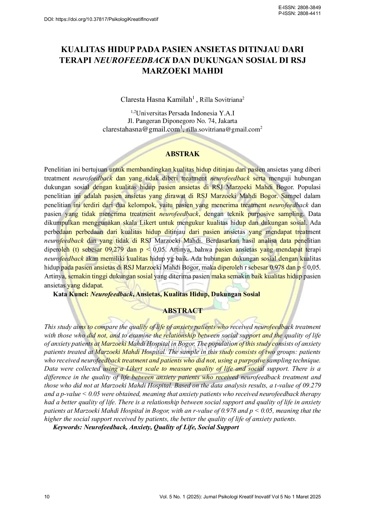 JURIS Kualitas Hidup Pada Pasien Ansietas Ditinjau Dari Terapi Neurofeedback dan Dukungan Sosial Di Rsj Marzoeki Mahdi