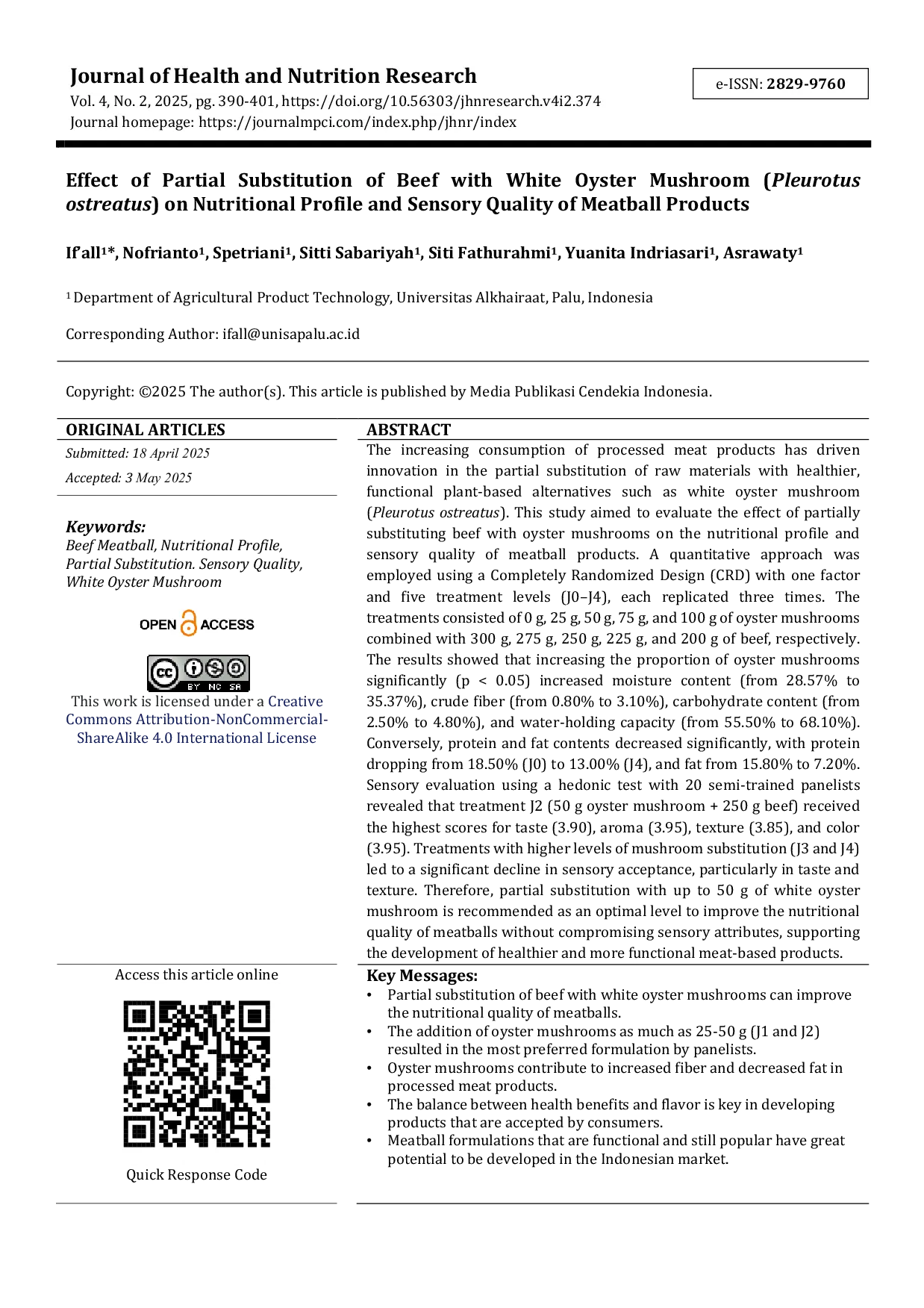 JURIS Effect of Partial Substitution of Beef with White Oyster Mushroom Pleurotus ostreatus on Nutritional Profile and Sensory Quality of Meatball Products