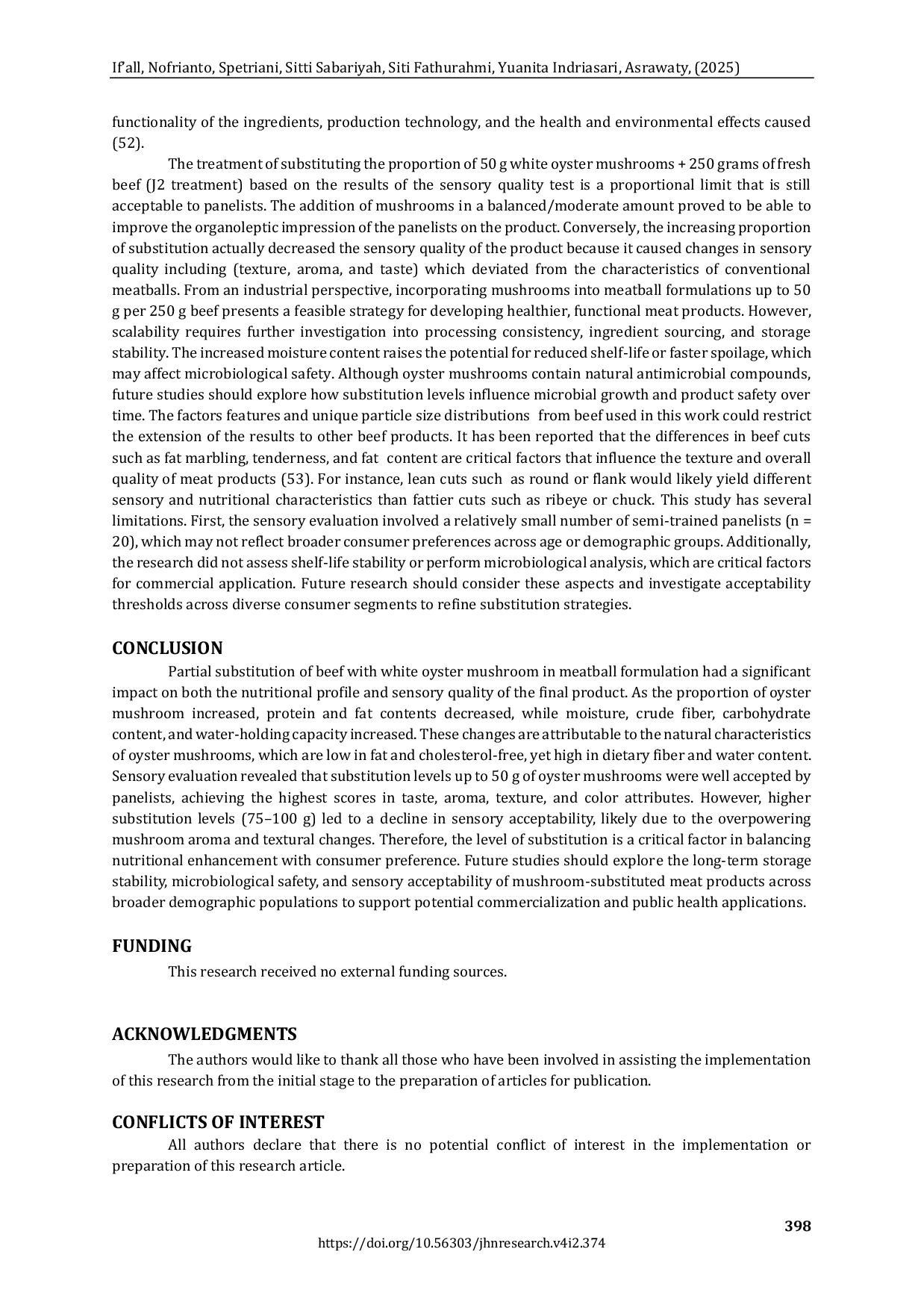 JURIS Effect of Partial Substitution of Beef with White Oyster Mushroom Pleurotus ostreatus on Nutritional Profile and Sensory Quality of Meatball Products