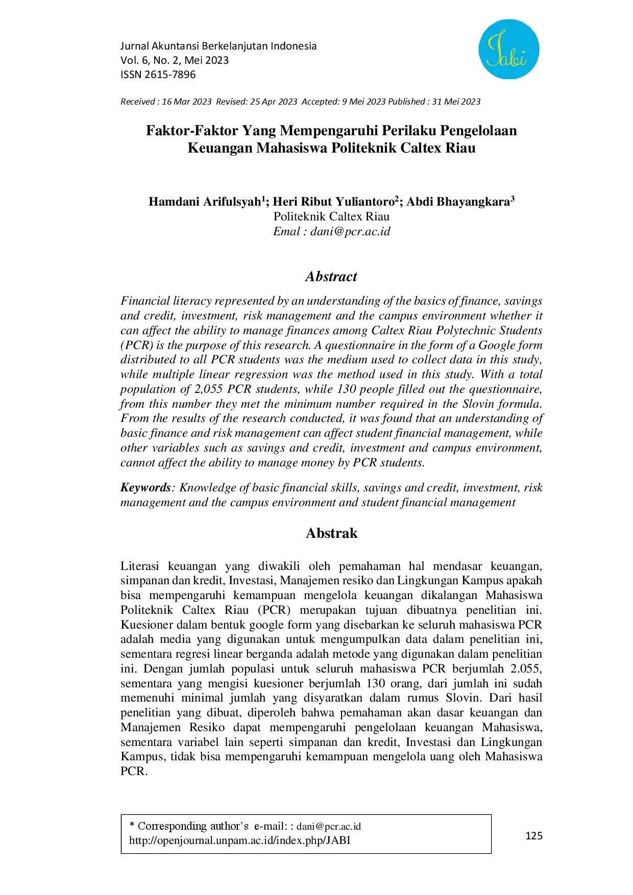 juris Faktor Faktor Yang Mempengaruhi Perilaku Pengelolaan Keuangan Mahasiswa Politeknik Caltex Riau