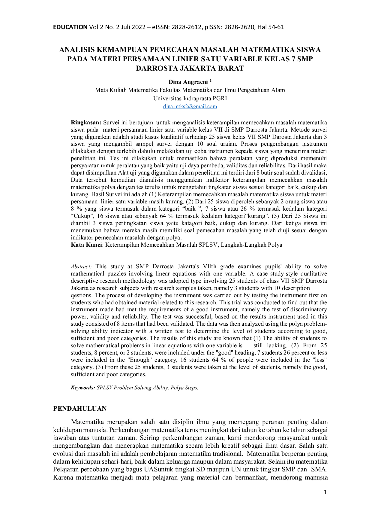 JURIS Analisis Keterampilan Pemecahan Masalah Matematika Siswa pada Materi Persamaan Linier Satu Variabel Kelas 7 SMP Darrosta Jakarta Barat