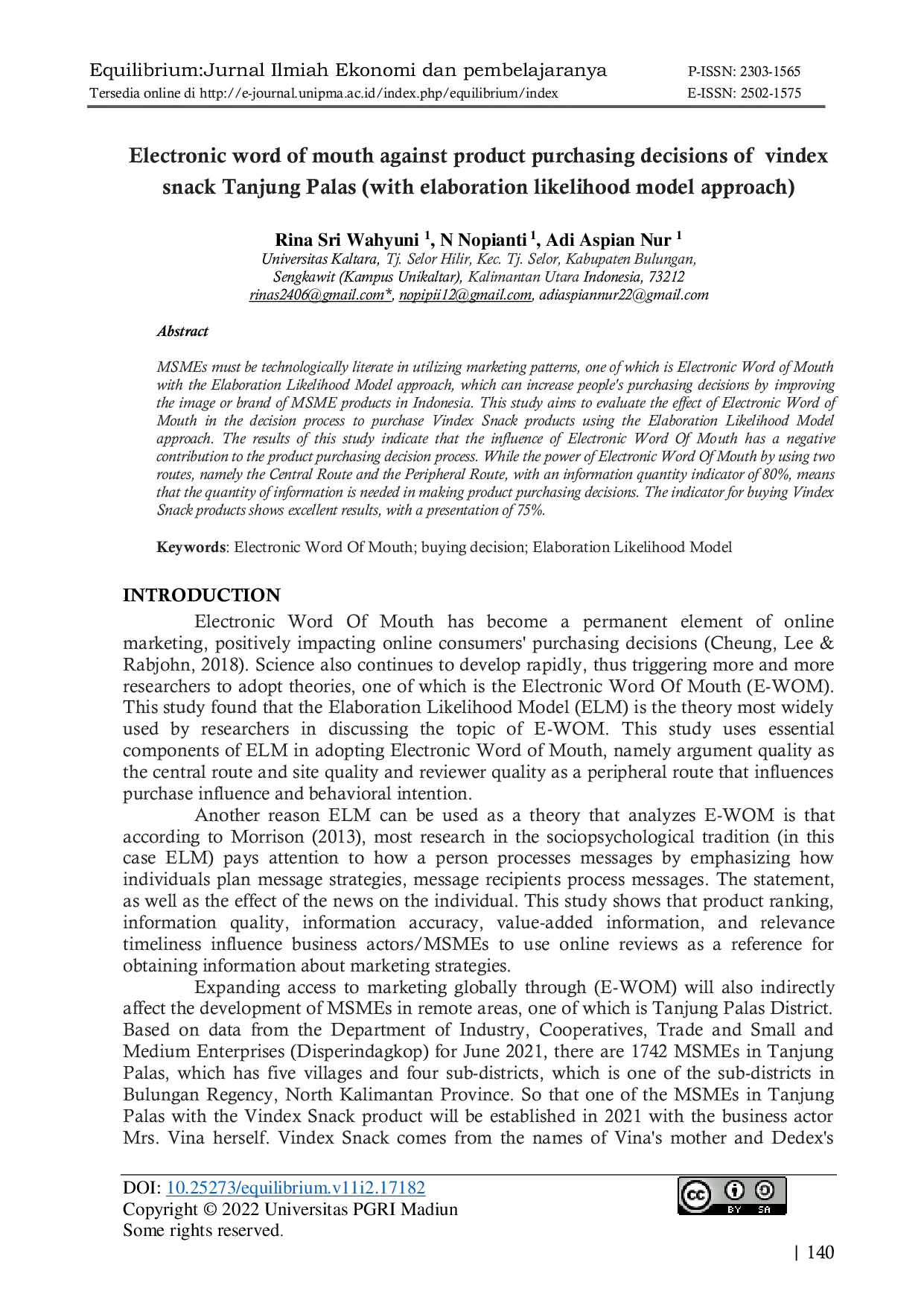 JURIS Electronic word of mouth against product purchasing decisions of vindex snack Tanjung Palas with elaboration likelihood model approach