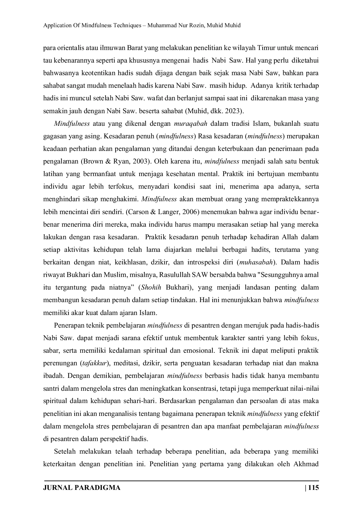 JURIS Application Of Mindfulness Techniques in Learning in Islamic Boarding School from the Hadith Perspective