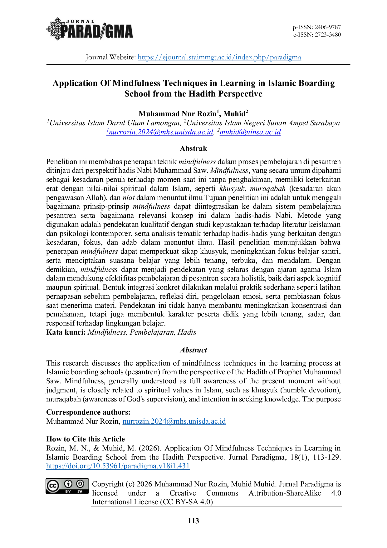 JURIS Application Of Mindfulness Techniques in Learning in Islamic Boarding School from the Hadith Perspective