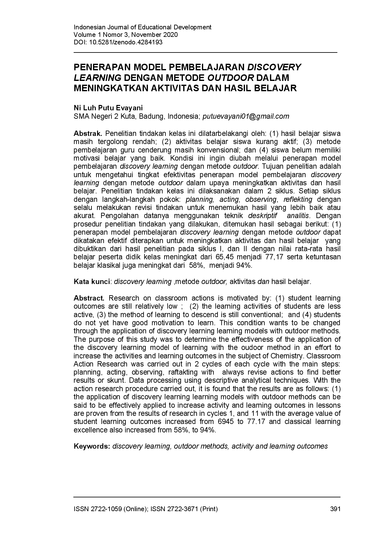 juris Penerapan model pembelajaran discovery learning dengan metode outdoor dalam meningkatkan aktivitas dan hasil belajar