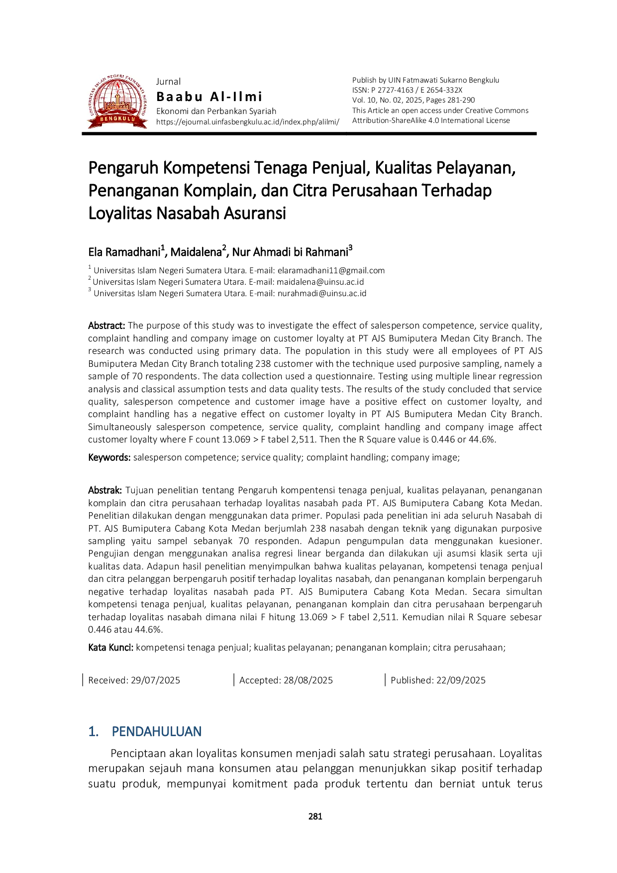 JURIS Pengaruh Kompetensi Tenaga Penjual Kualitas Pelayanan Penanganan Komplain dan Citra Perusahaan Terhadap Loyalitas Nasabah Asuransi