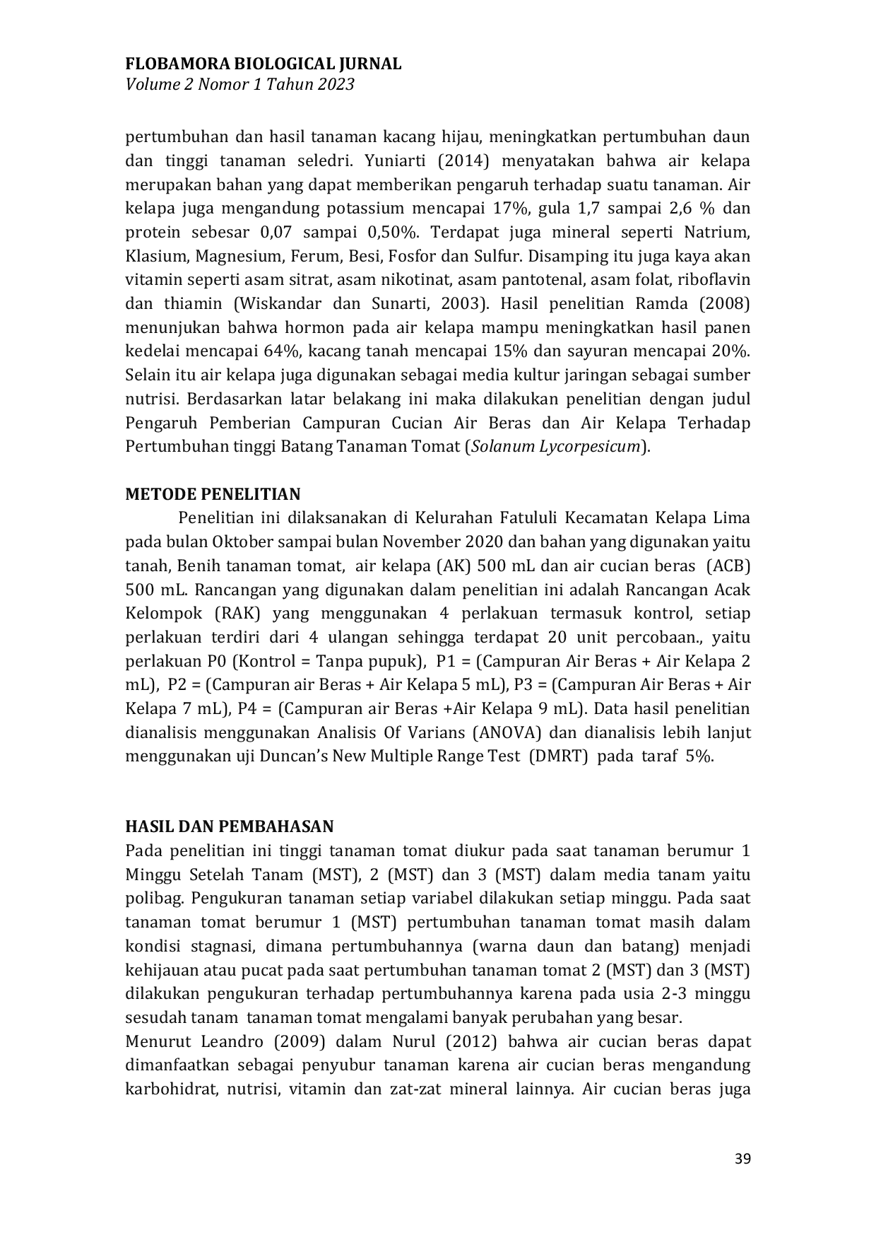 JURIS Pengaruh Pemberian Campuran Cucian Air Beras dan Air Kelapa terhadap Pertumbuhan Tinggi Batang Tanaman Tomat Solanum Lycorpesicum