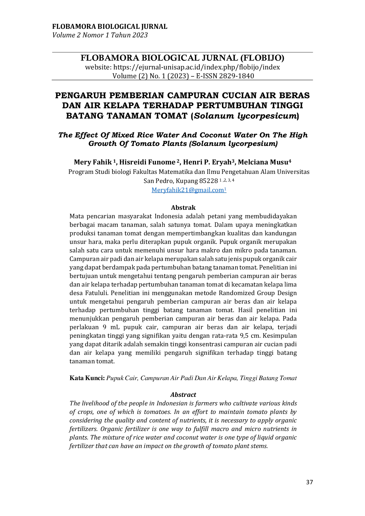 JURIS Pengaruh Pemberian Campuran Cucian Air Beras dan Air Kelapa terhadap Pertumbuhan Tinggi Batang Tanaman Tomat Solanum Lycorpesicum