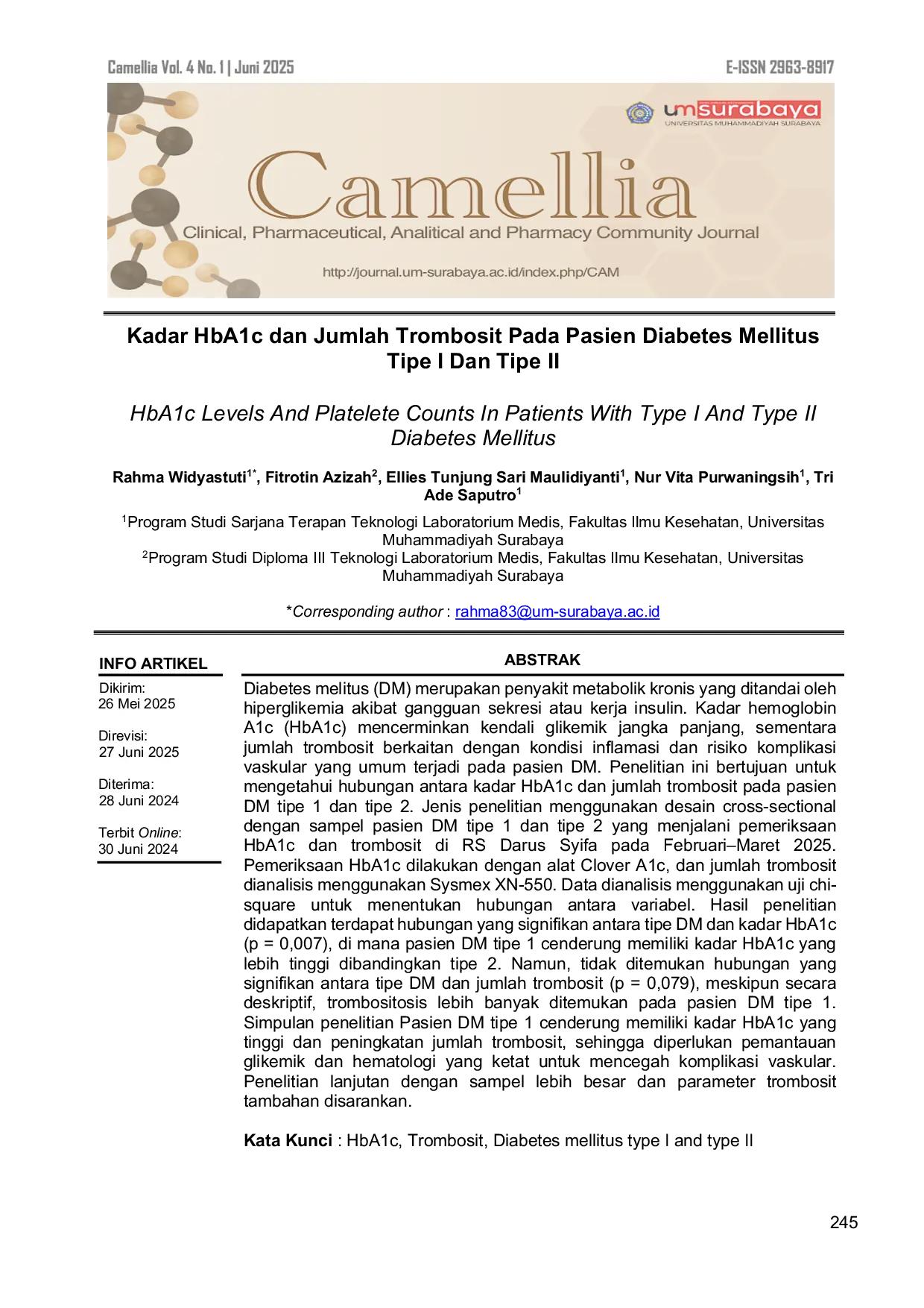 JURIS Kadar HbA1c dan Jumlah Trombosit Pada Pasien Diabetes Mellitus Tipe I Dan Tipe II