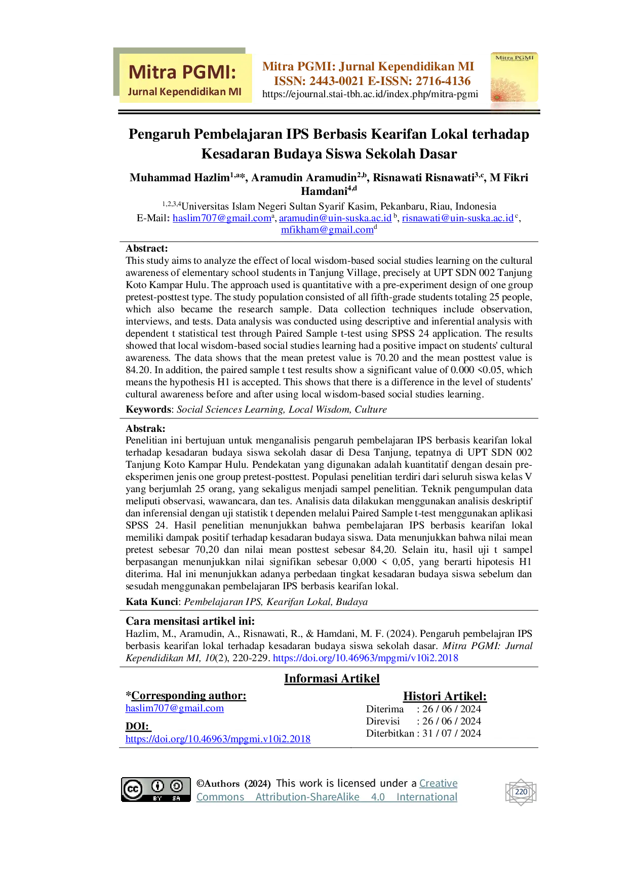 JURIS Pengaruh Pembelajaran IPS Berbasis Kearifan Lokal terhadap Kesadaran Budaya Siswa Sekolah Dasar