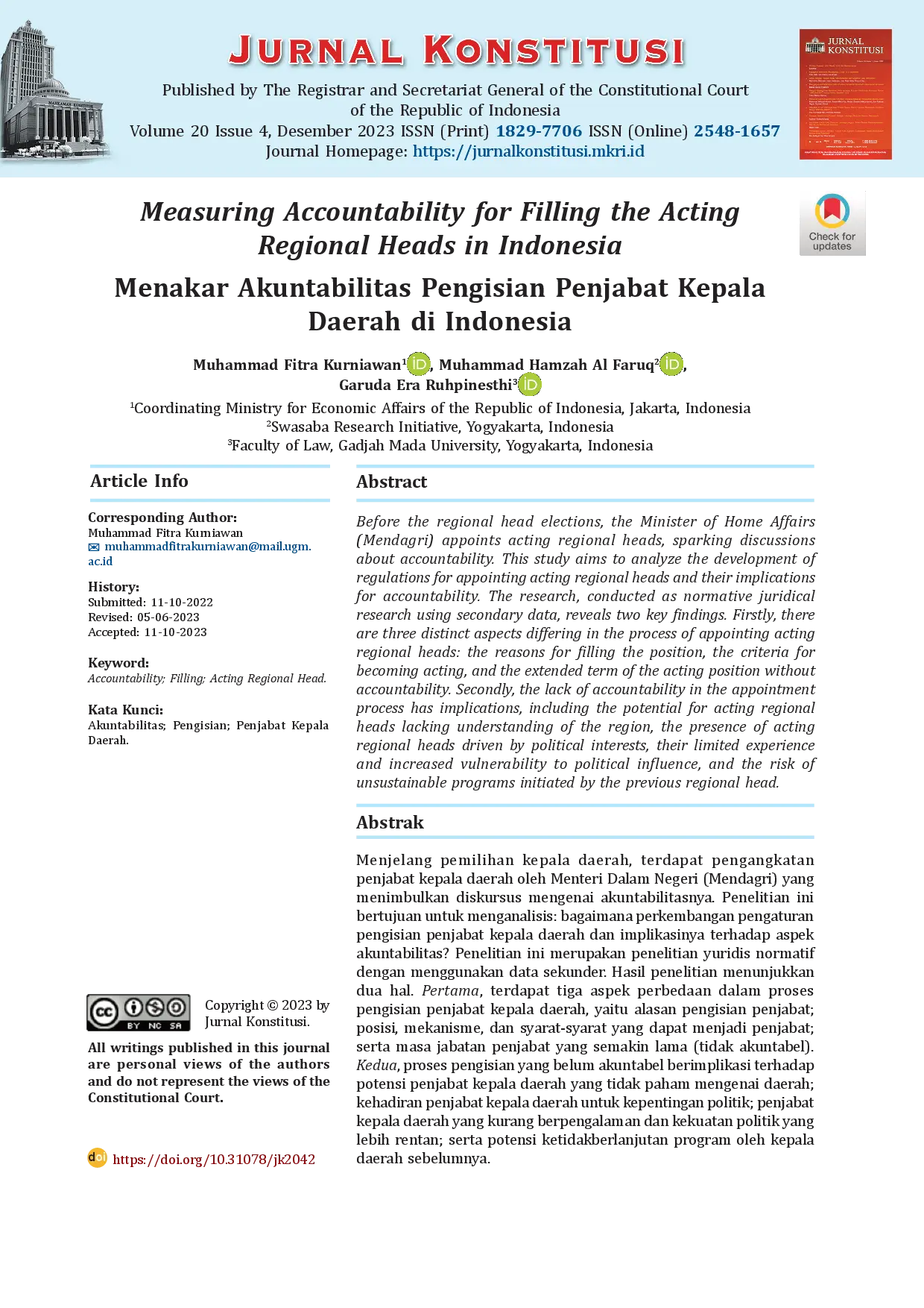 juris Measuring Accountability for Filling the Acting Regional Heads in Indonesia Menakar Akuntabilitas Pengisian Penjabat Kepala Daerah di Indonesia