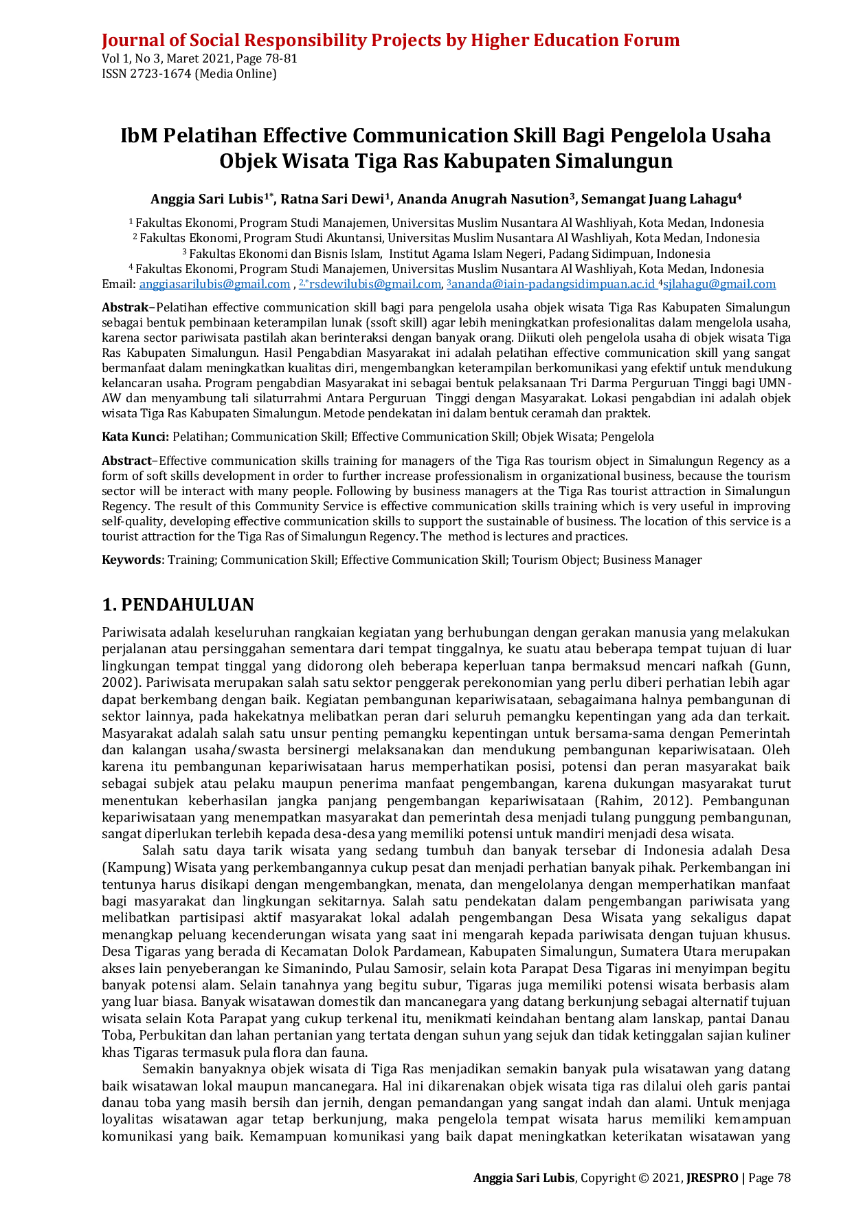 JURIS IbM Pelatihan Effective Communication Skill Bagi Pengelola Usaha Objek Wisata Tiga Ras Kabupaten Simalungun