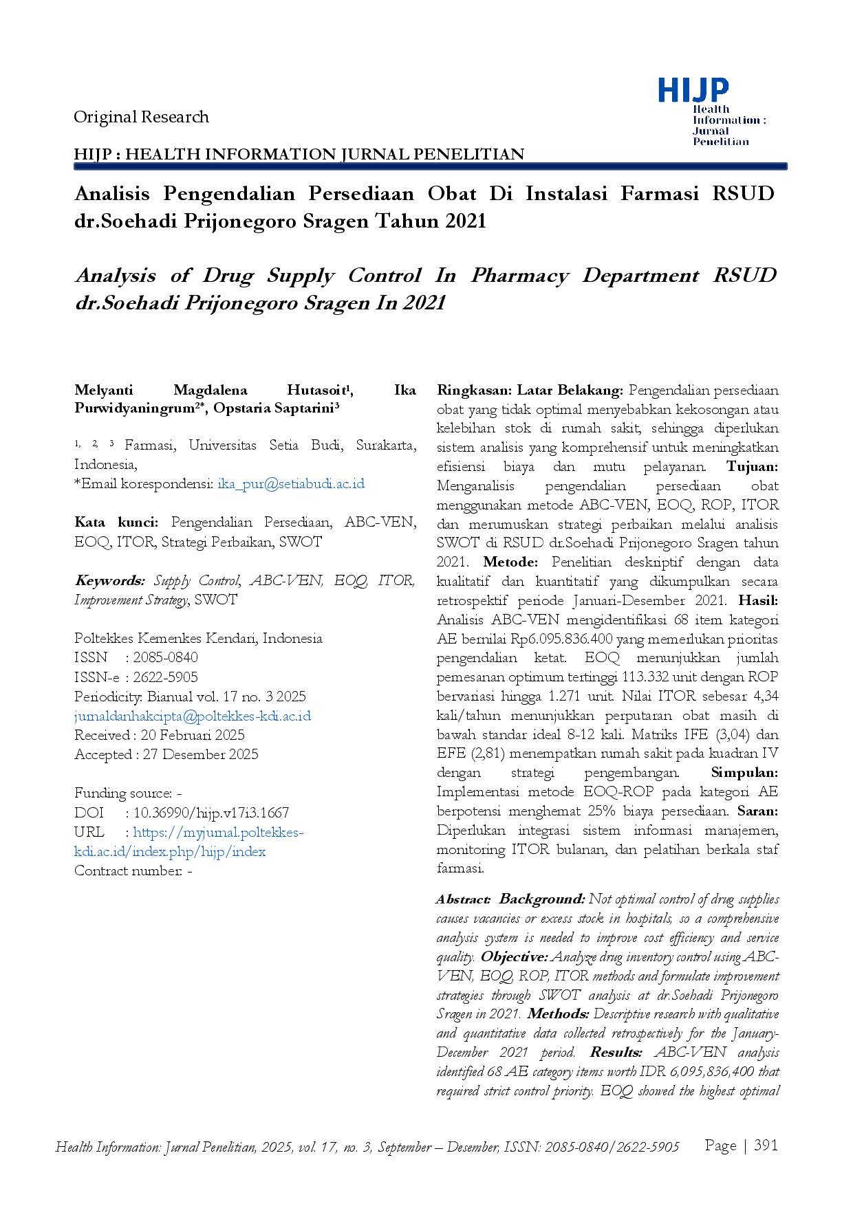 juris Analisis Pengendalian Persediaan Dan Strategi Perbaikan Di Instalasi Farmasi RSUD dr Soehadi Prijonegoro Sragen Tahun 2021
