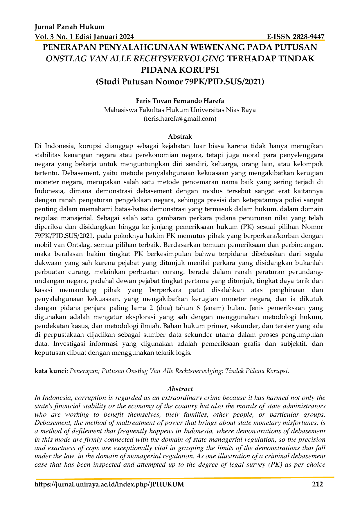 JURIS Penerapan Penyalahgunaan Wewenang Pada Putusan Ontslag Van Alle Rechtsvervolging Terhadap Tindak Pidana Korupsi Studi Putusan Nomor 79PK Pid Sus 2021
