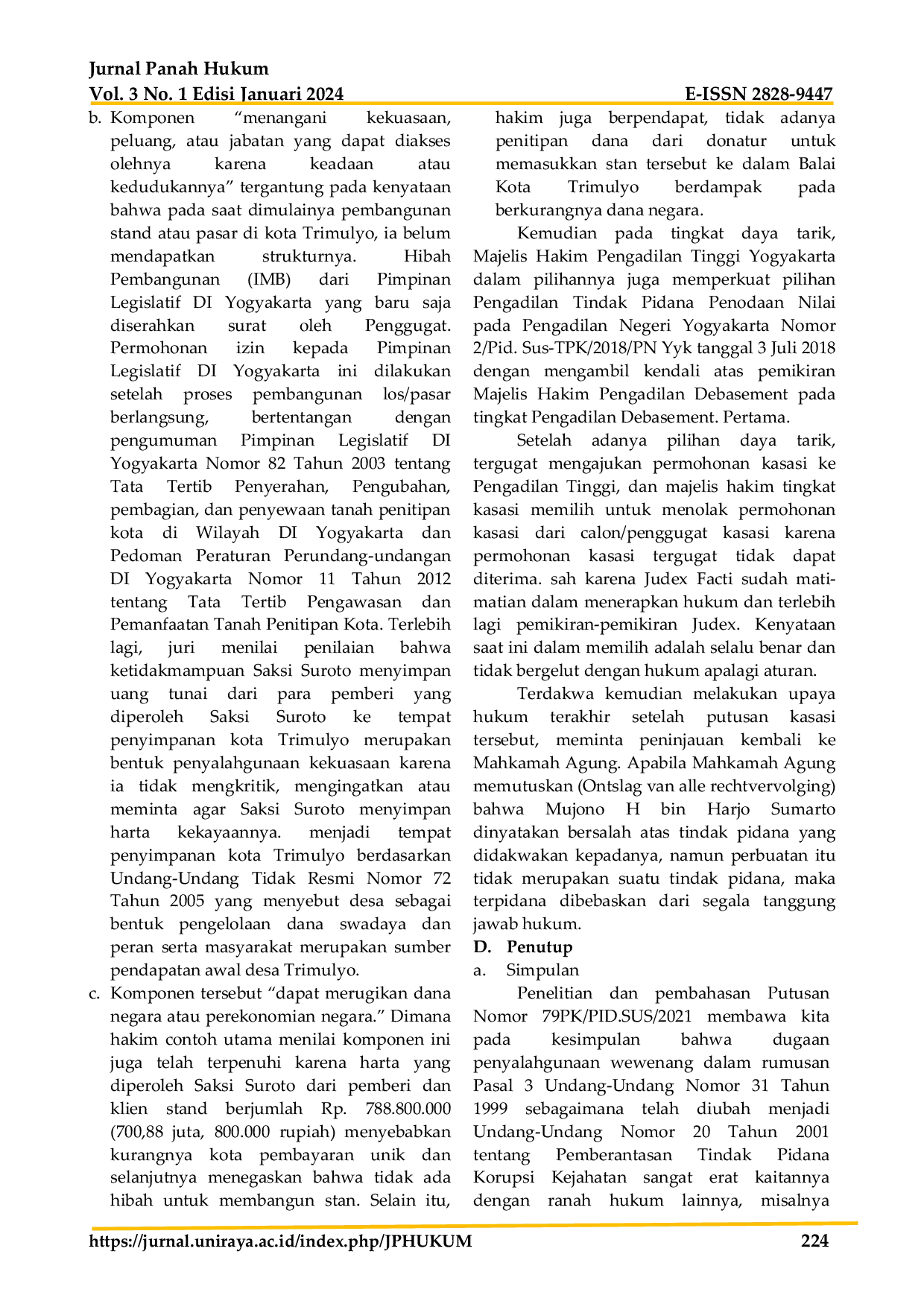 JURIS Penerapan Penyalahgunaan Wewenang Pada Putusan Ontslag Van Alle Rechtsvervolging Terhadap Tindak Pidana Korupsi Studi Putusan Nomor 79PK Pid Sus 2021