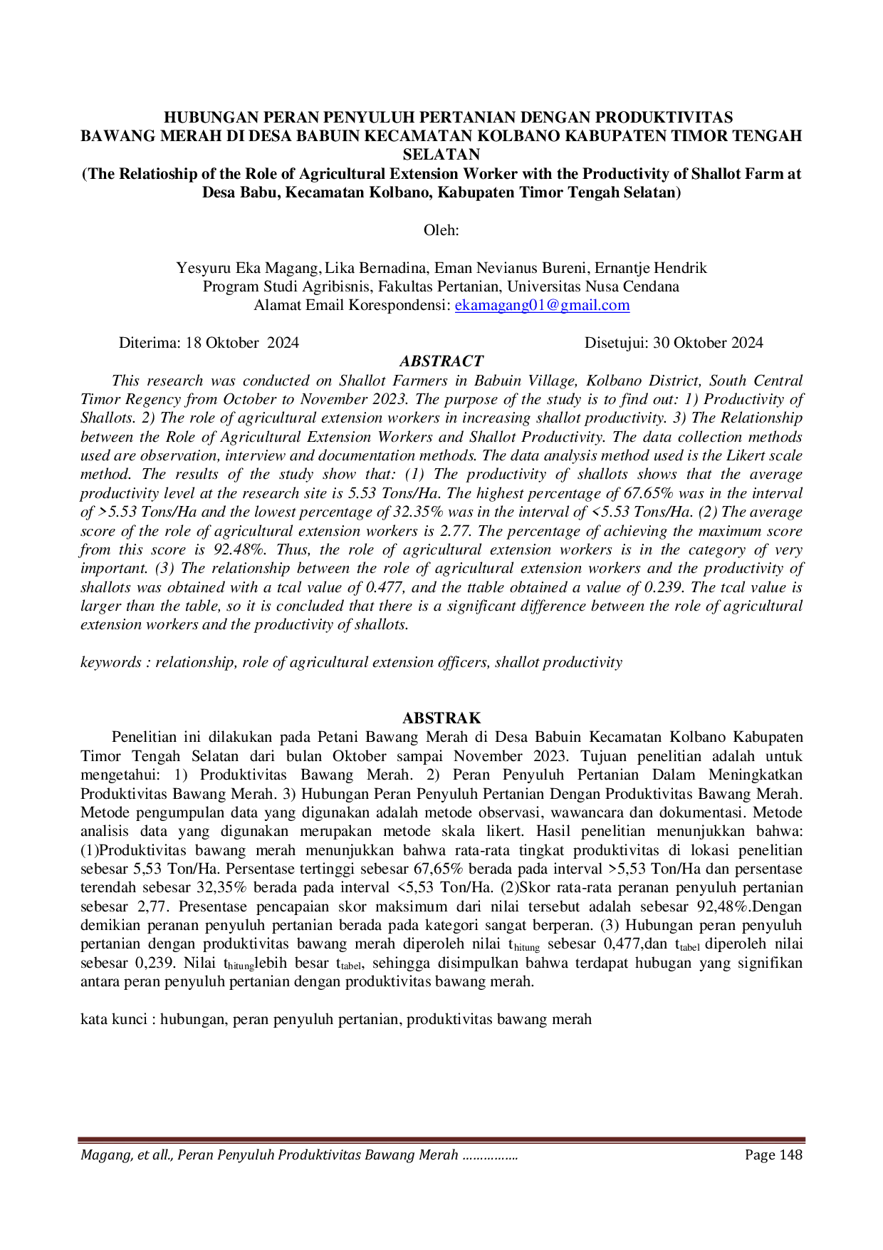 JURIS Hubungan Peran Penyuluh Pertanian Dengan Produktivitas Bawang Merah Di Desa Babu Kecamatan Kolbano Kabupaten Timor Tengah Selatan