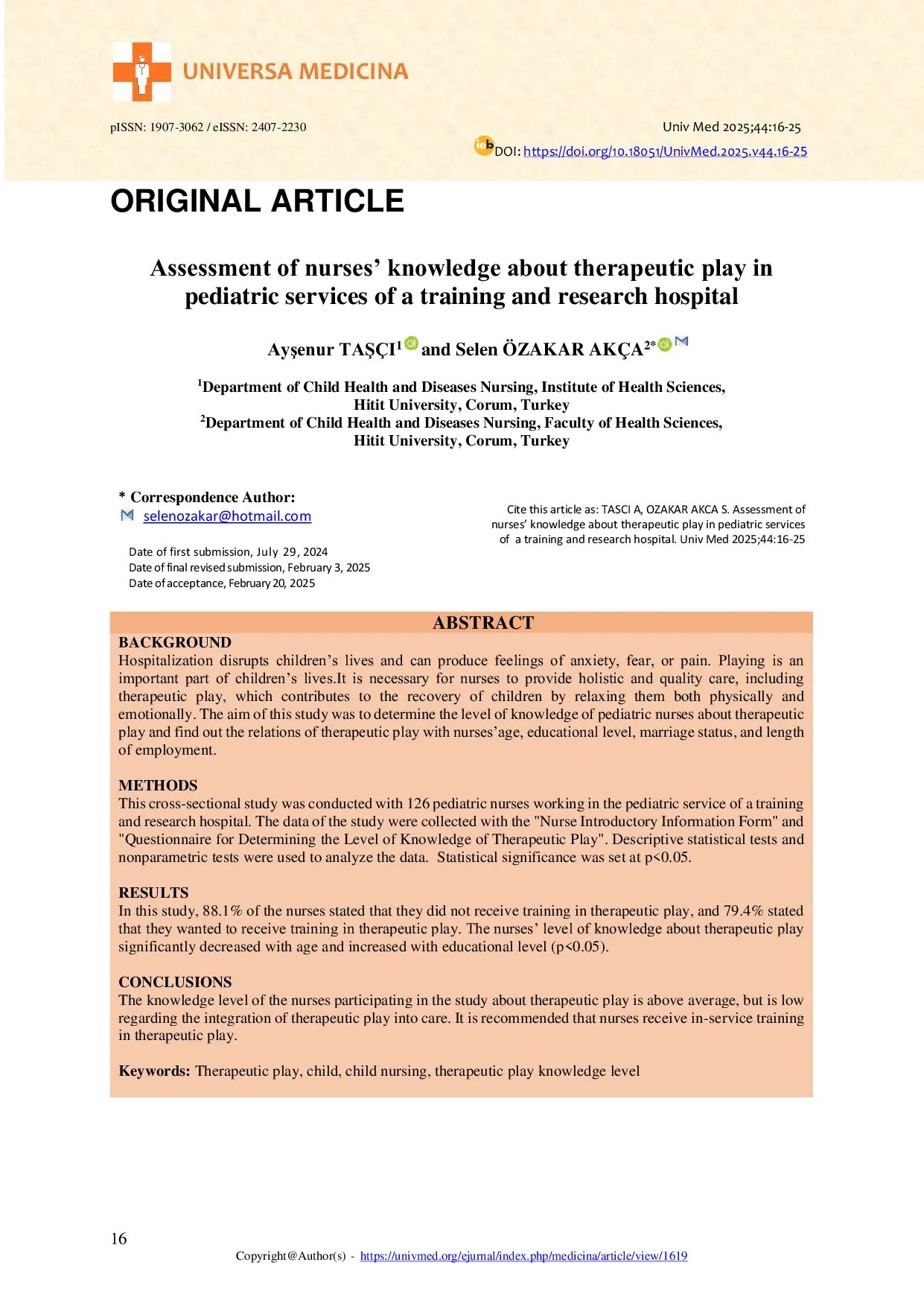 JURIS Assessment of nurses knowledge about therapeutic play in pediatric services of a training and research hospital