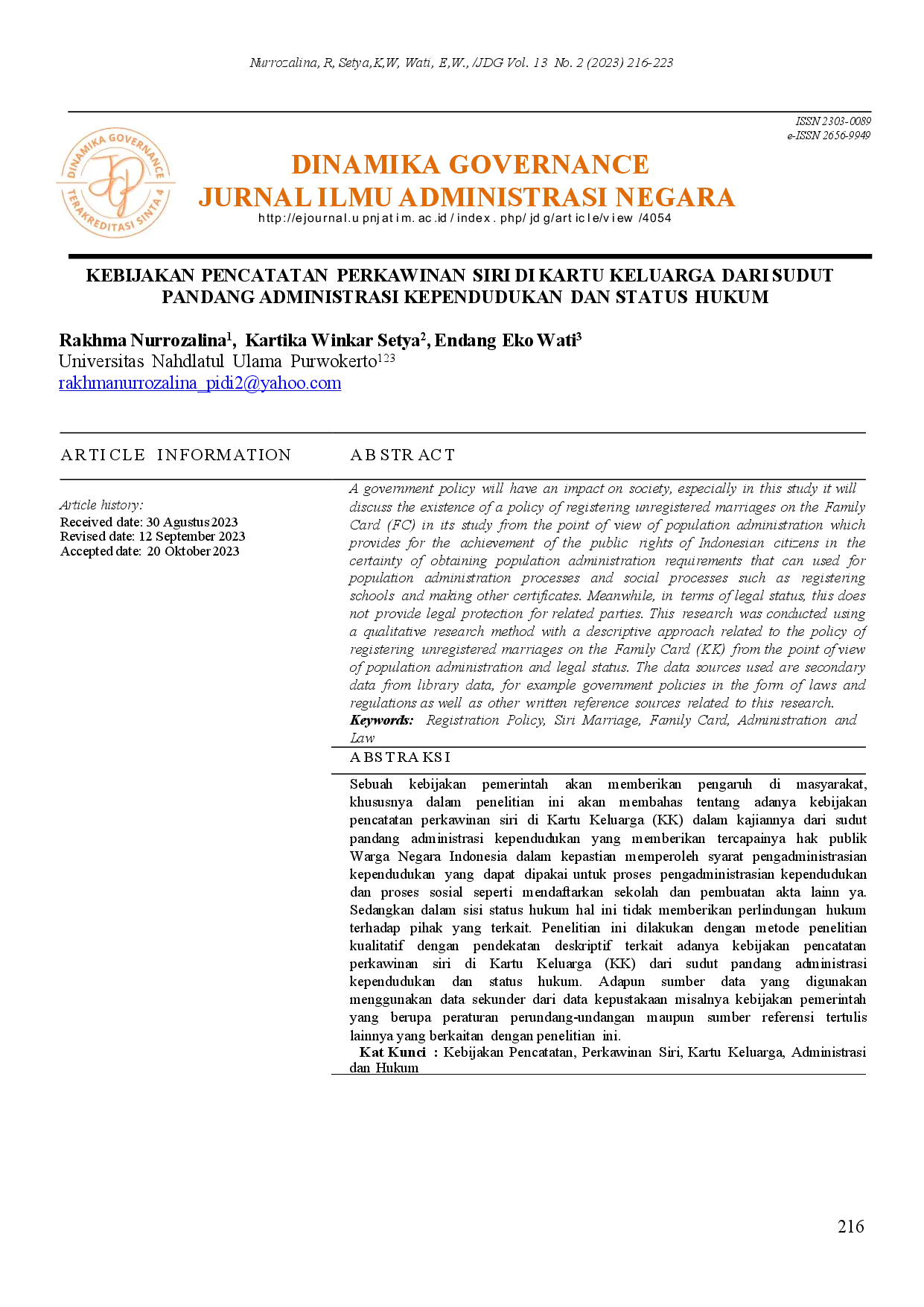 juris Kebijakan Pencatatan Perkawinan Siri di Kartu Keluarga dari Sudut Pandang Administrasi Kependudukan dan Status Hukum