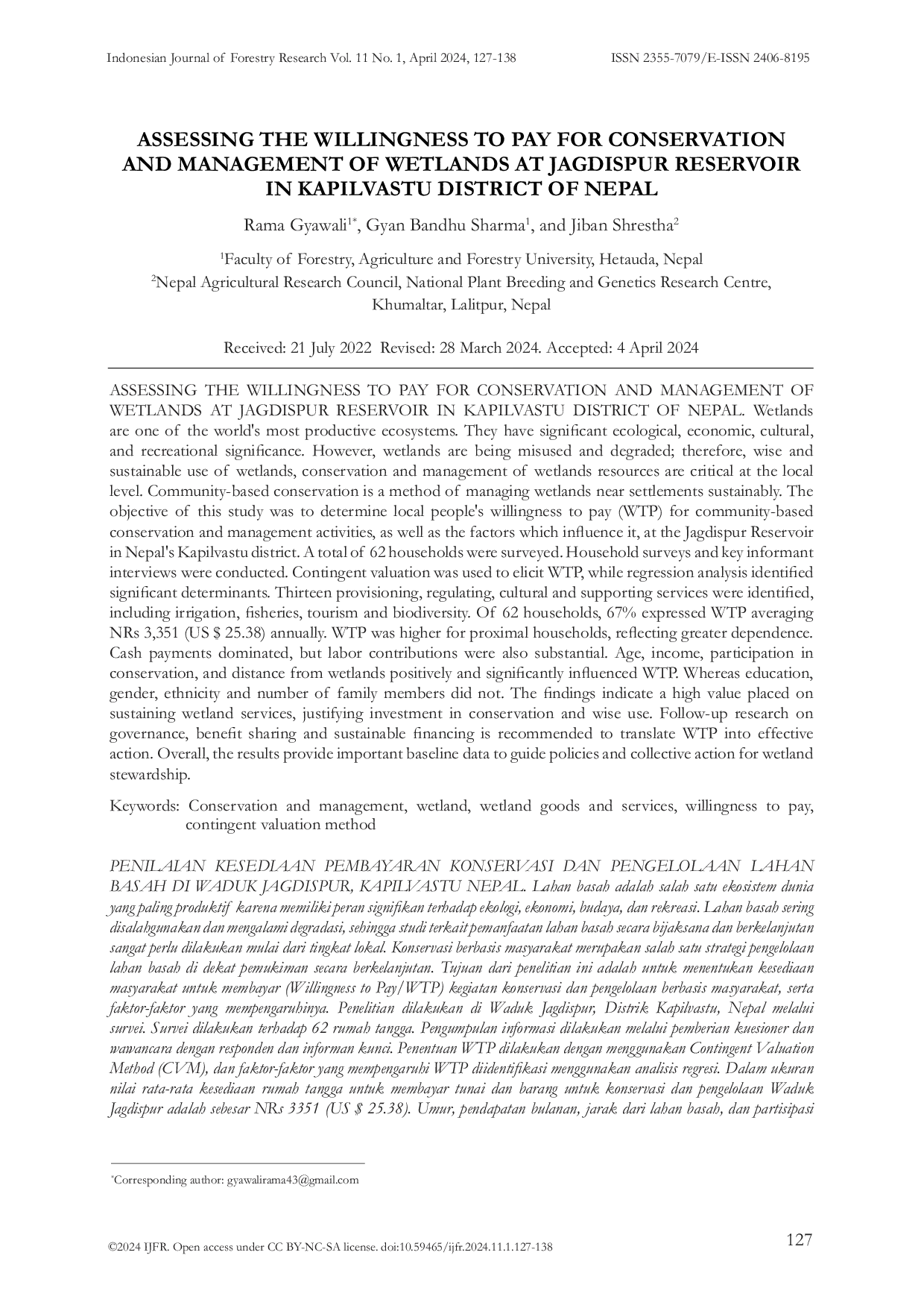 JURIS Assessing the Willingness to Pay for Conservation and Management of Wetlands at Jagdispur Reservoir in Kapilvastu District of Nepal