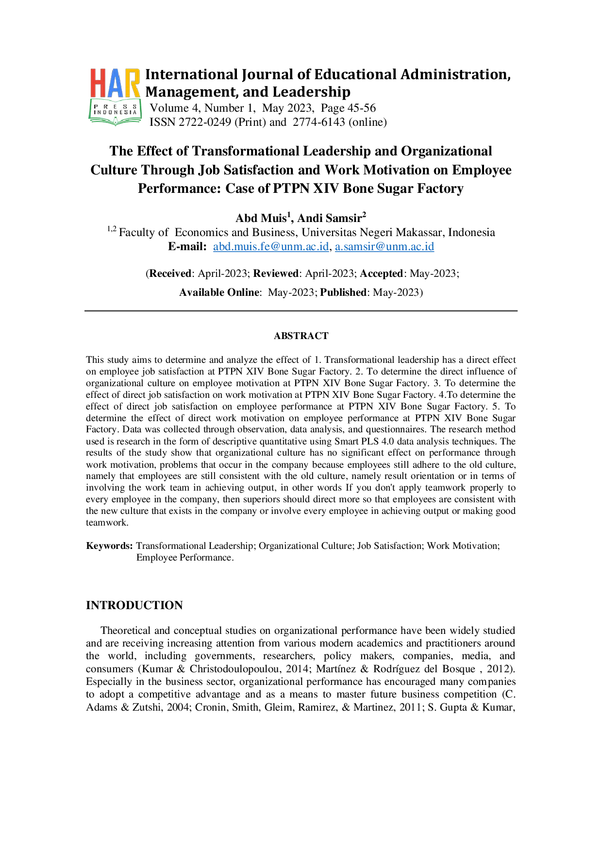 JURIS The Effect of Transformational Leadership and Organizational Culture Through Job Satisfaction and Work Motivation on Employee Performance