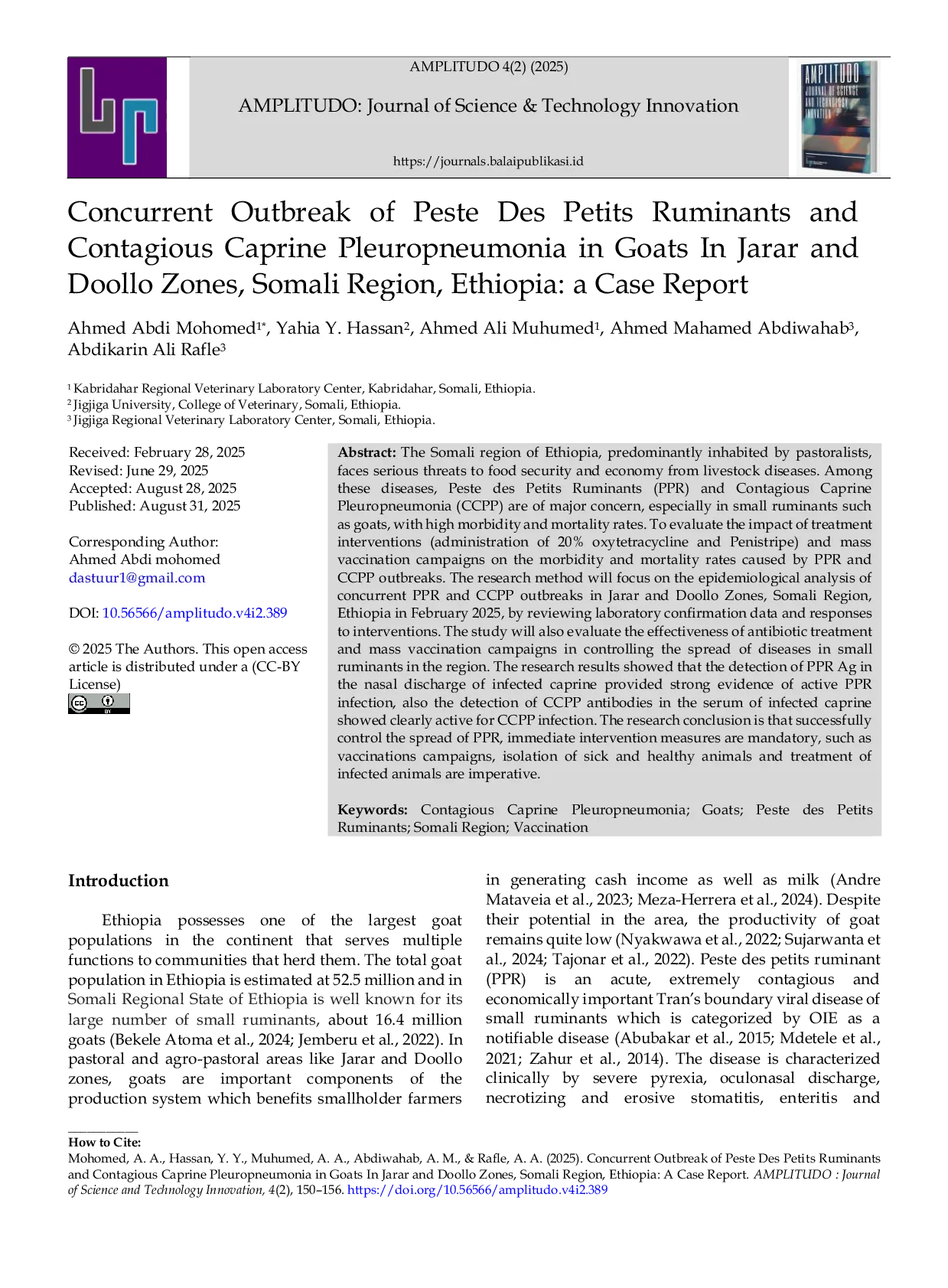 JURIS Concurrent Outbreak of Peste Des Petits Ruminants and Contagious Caprine Pleuropneumonia in Goats In Jarar and Doollo Zones Somali Region Ethiopia A Case Report