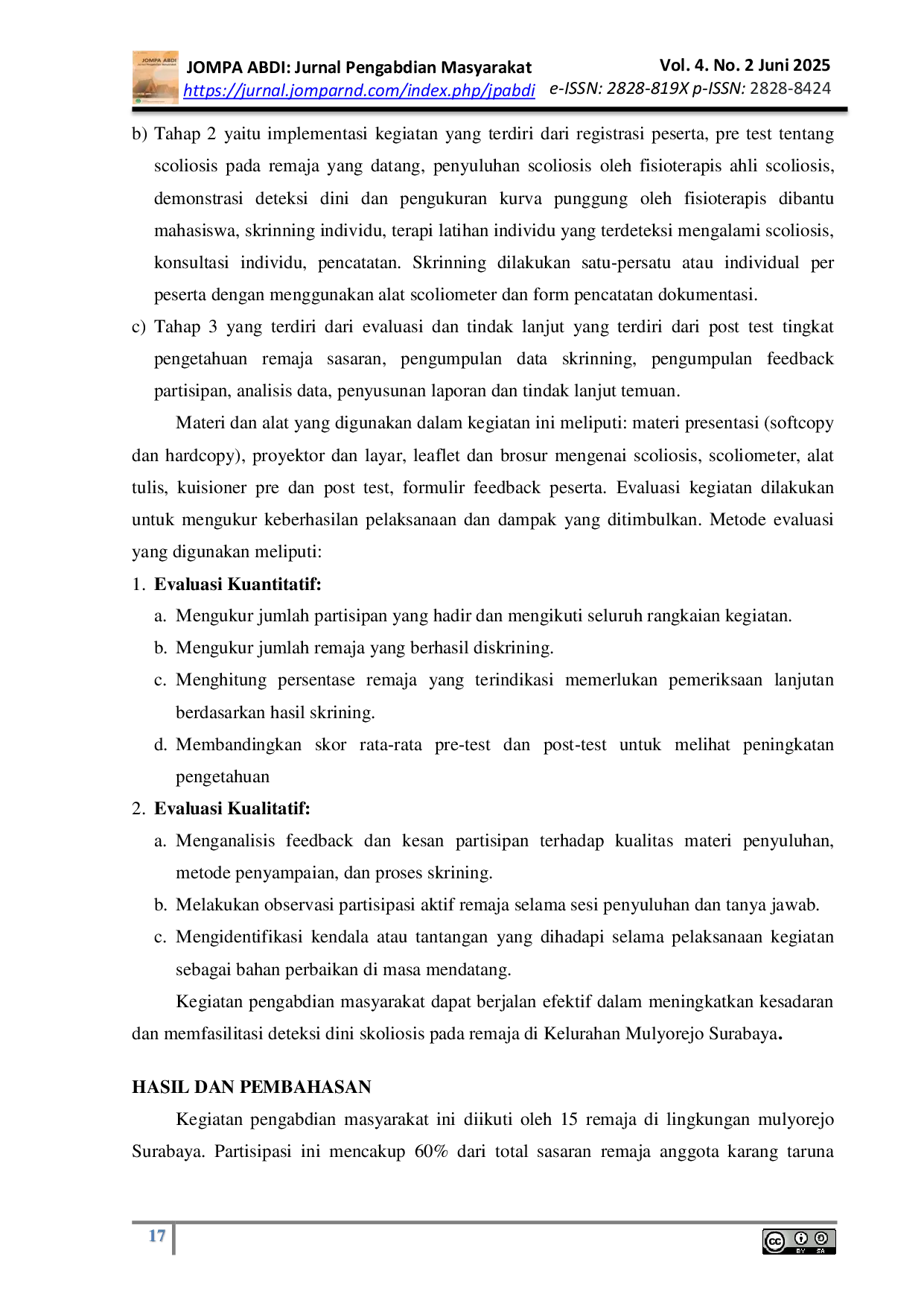 JURIS Penyuluhan dan Deteksi Dini Scoliosis Pada Remaja Di Wilayah Kelurahan Mulyorejo Surabaya