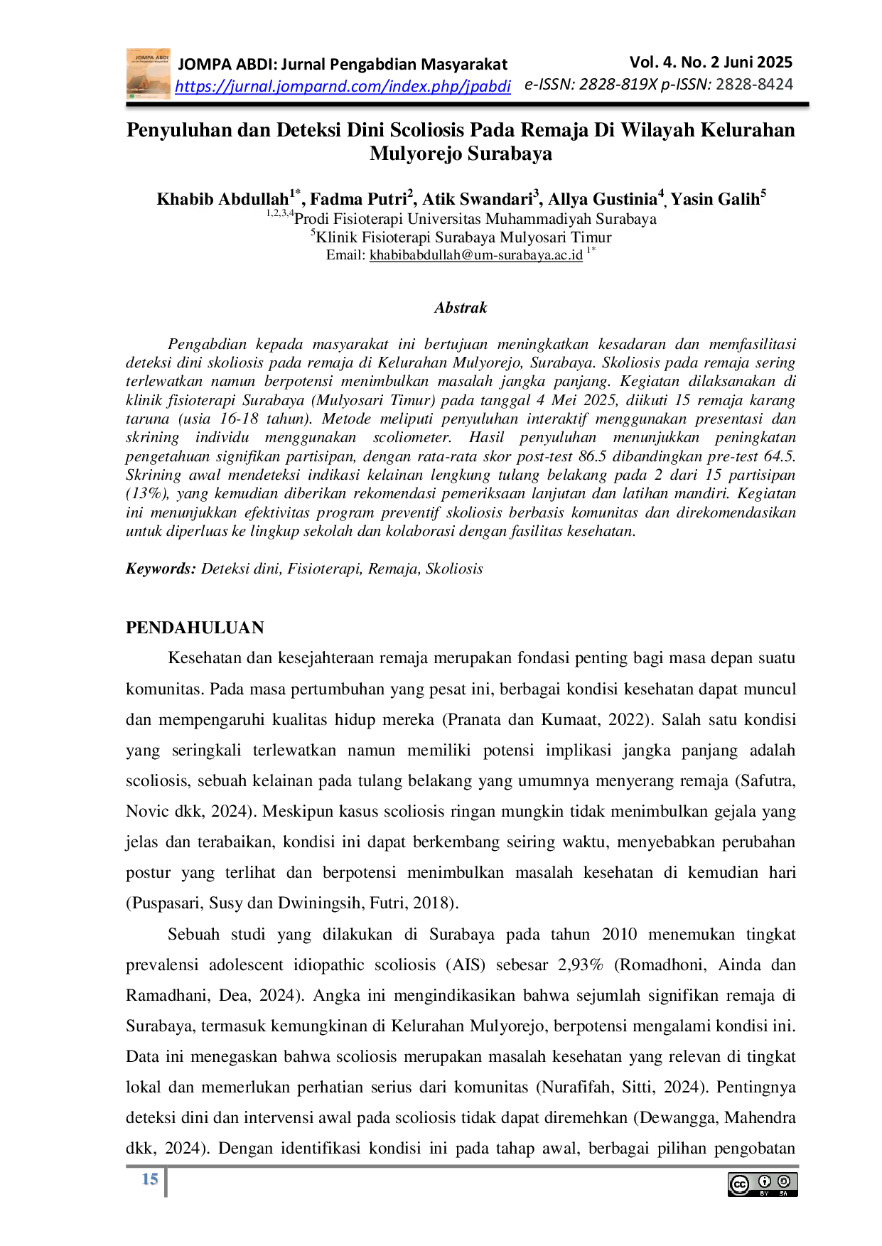 JURIS Penyuluhan dan Deteksi Dini Scoliosis Pada Remaja Di Wilayah Kelurahan Mulyorejo Surabaya