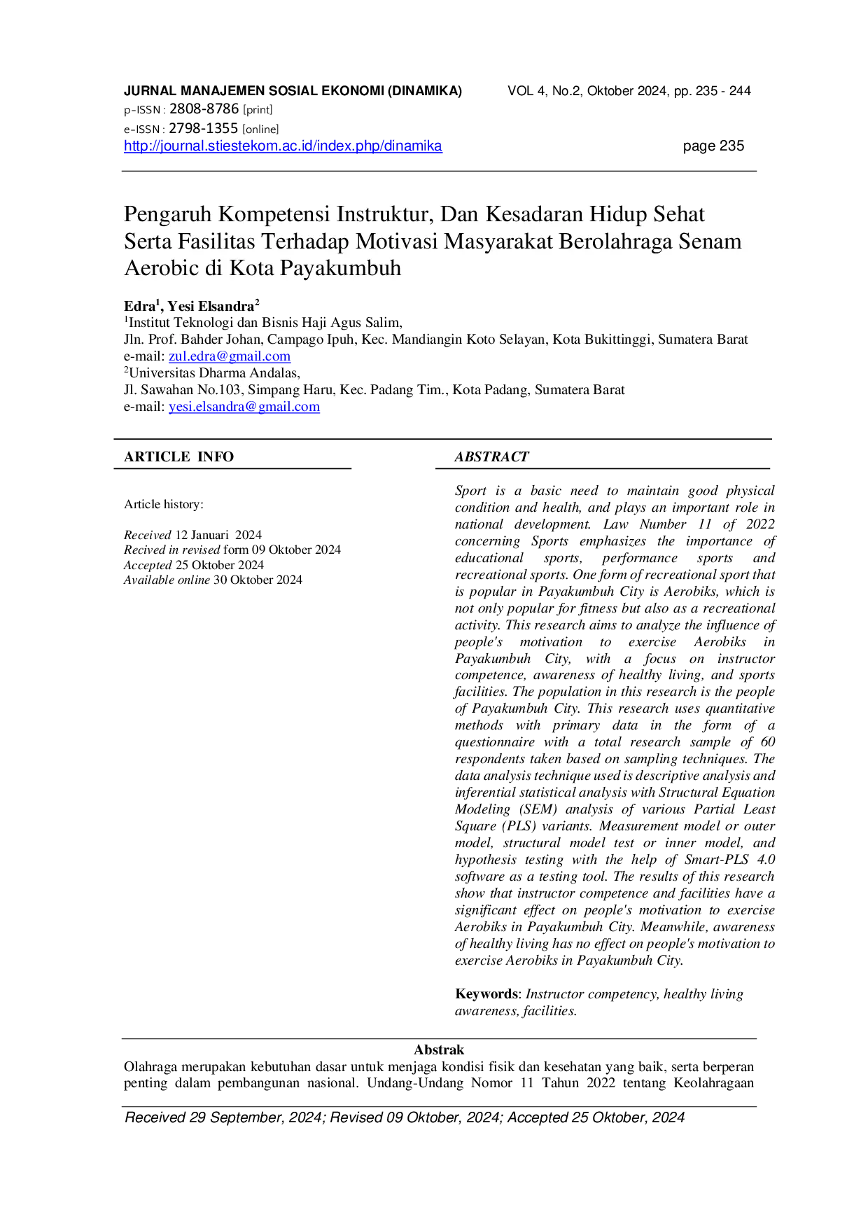 JURIS Pengaruh Kompetensi Instruktur Dan Kesadaran Hidup Sehat Serta Fasilitas Terhadap Motivasi Masyarakat Berolahraga Senam Aerobik di Kota Payakumbuh