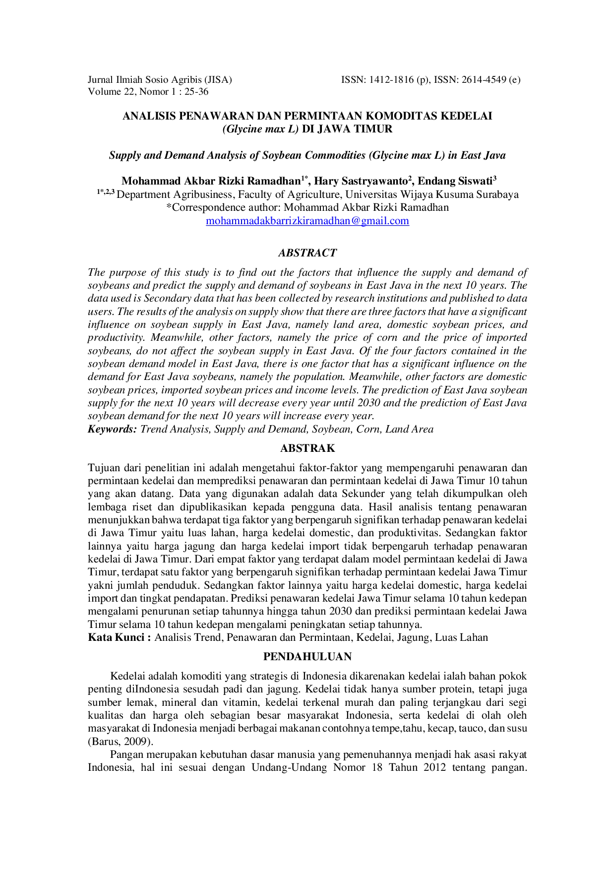 JURIS Analisis Penawaran dan Permintaan Komoditas Kedelai Glycine Max L di Provinsi Jawa Timur