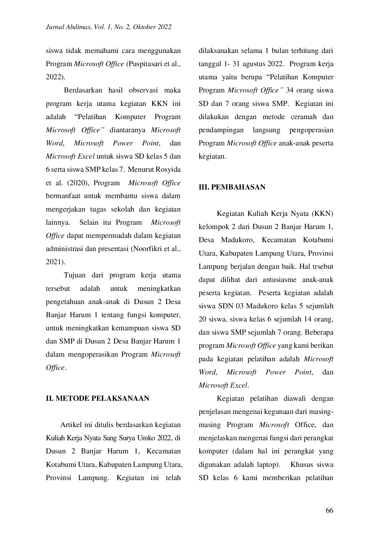 JURIS Pelatihan Komputer Program Microsoft Office Untuk Anak Anak Di Dusun 2 Banjar Harum 1 Desa Madukoro Kecamatan Kotabumi Selatan