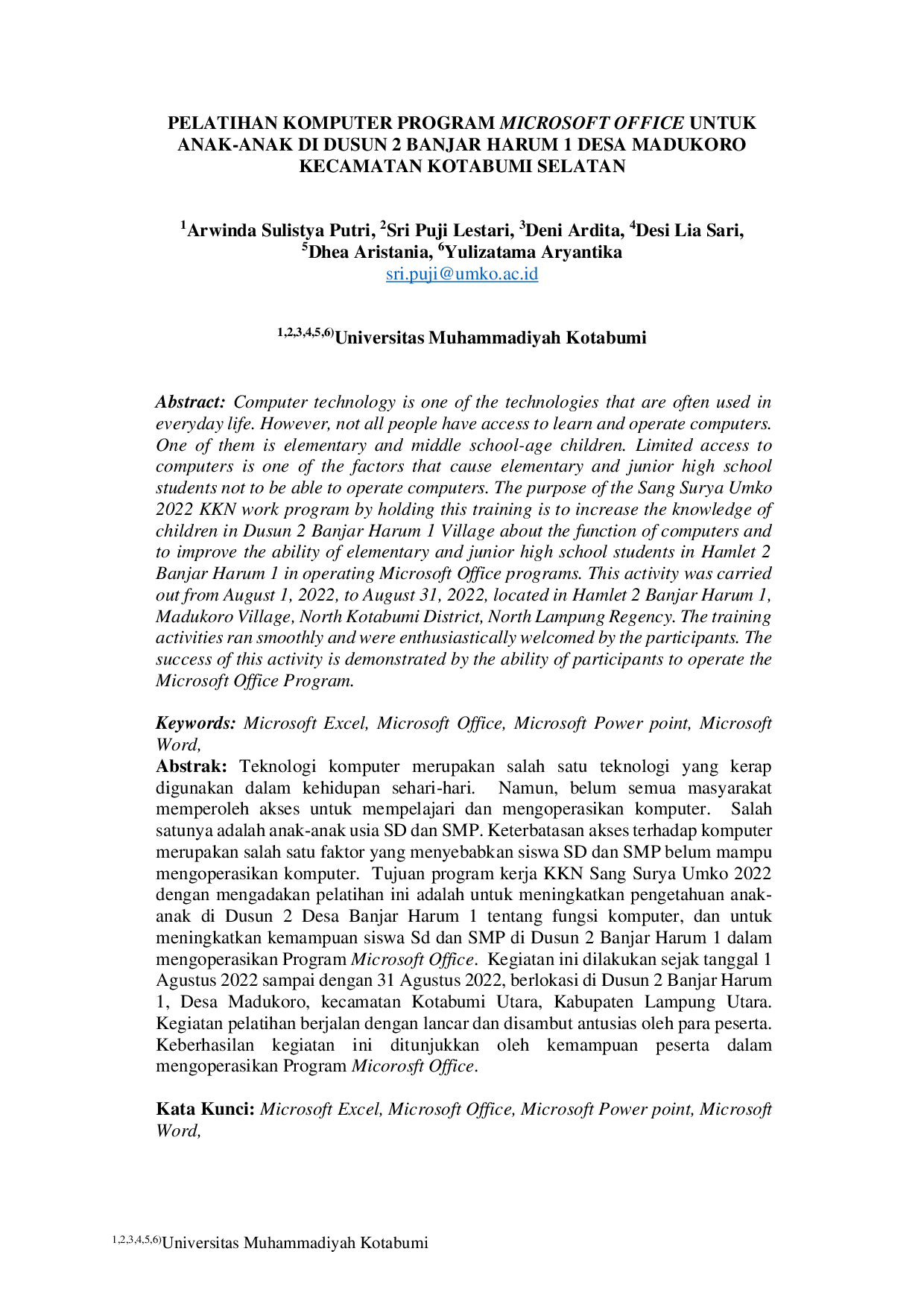JURIS Pelatihan Komputer Program Microsoft Office Untuk Anak Anak Di Dusun 2 Banjar Harum 1 Desa Madukoro Kecamatan Kotabumi Selatan