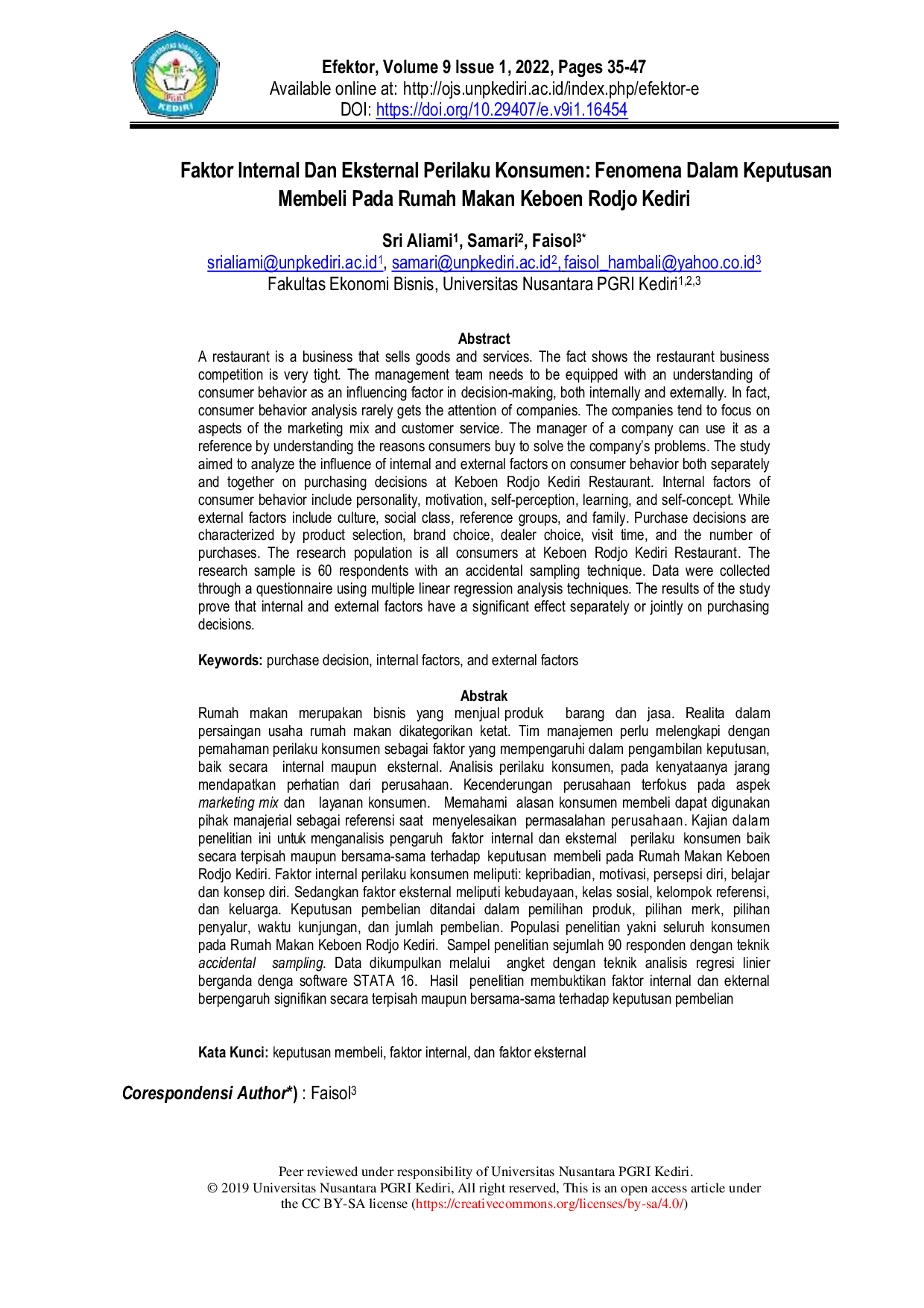 JURIS Internal and External Factors of Consumer Behaviour Phenomenon in Buying Decisions at the Keboen Rodjo Restaurant Kediri