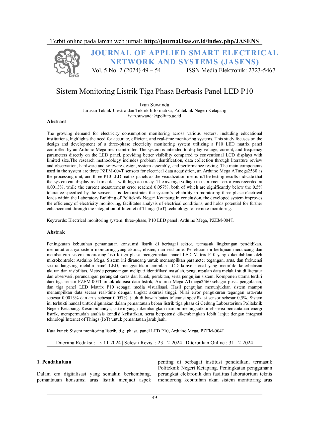 JURIS Sistem Monitoring Listrik Tiga Phasa Berbasis Panel LED P10