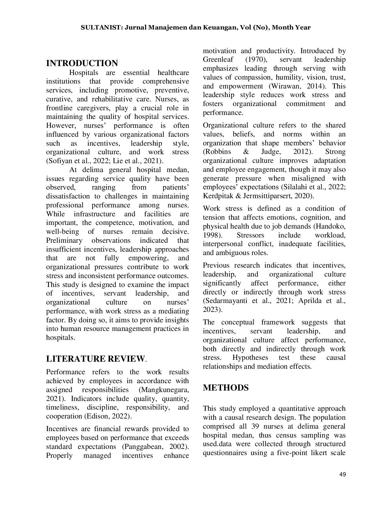 JURIS The Influence of Incentives Servant Leadership and Organizational Culture on Nurses Performance with Work Stress as an Intervening Variable