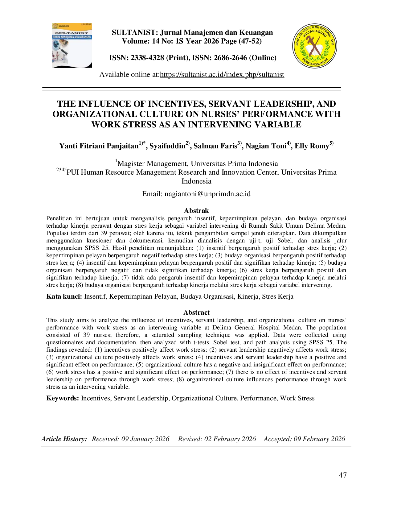 JURIS The Influence of Incentives Servant Leadership and Organizational Culture on Nurses Performance with Work Stress as an Intervening Variable