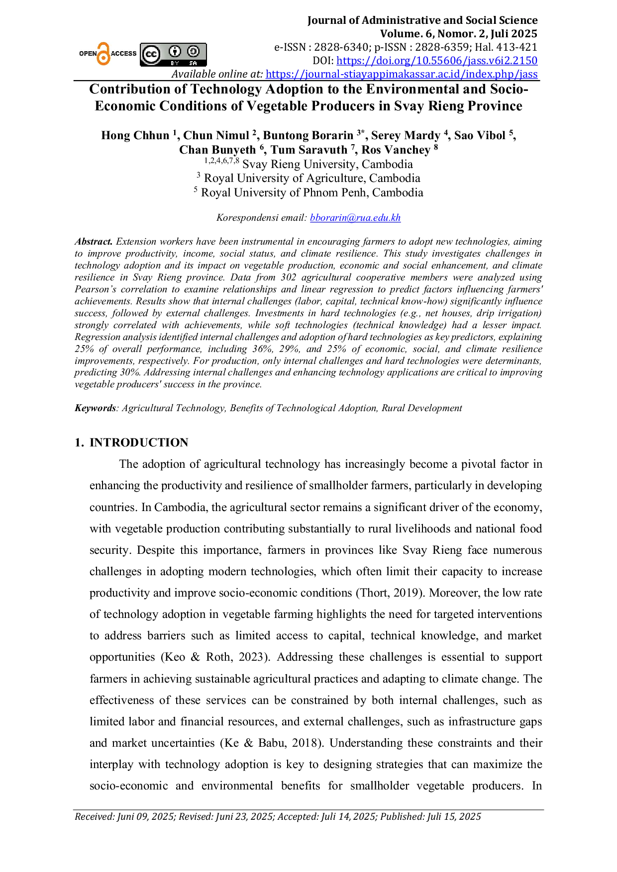 JURIS Contribution of Technology Adoption to the Environmental and Socio Economic Conditions of Vegetable Producers in Svay Rieng Province