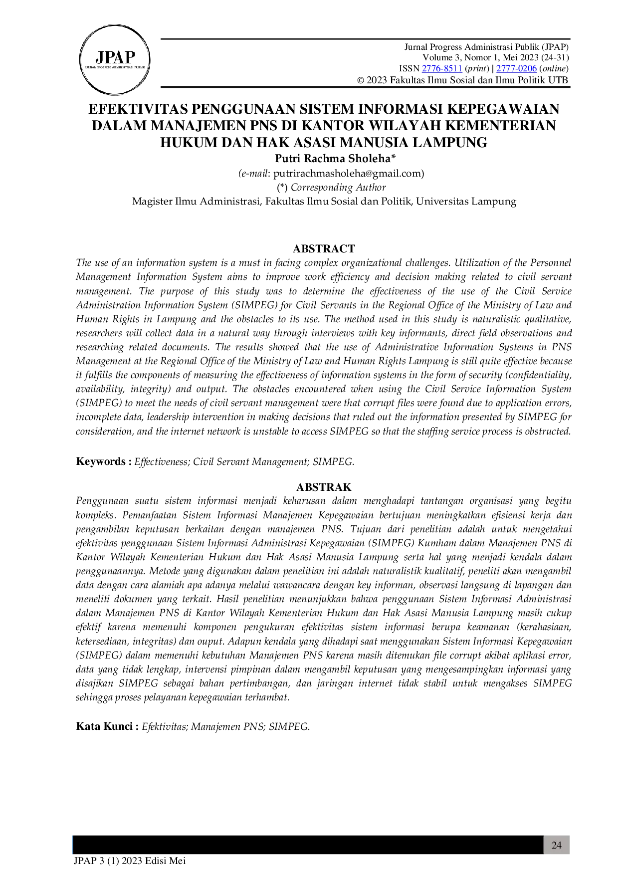 JURIS Efektivitas Penggunaan Sistem Informasi Kepegawaian Dalam Manajemen PNS Di Kantor Wilayah Kementerian Hukum Dan Hak Asasi Manusia Lampung