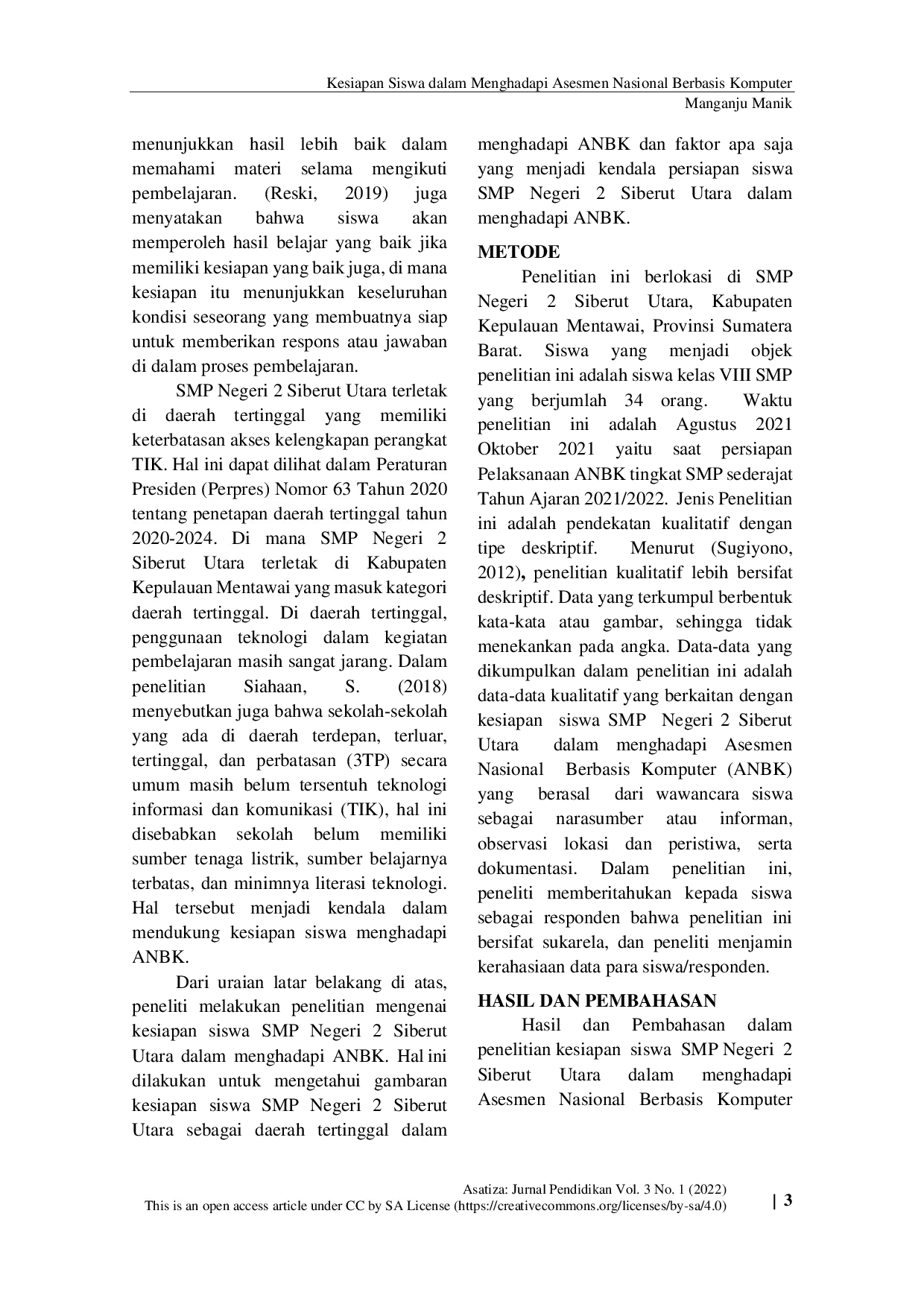 JURIS Kesiapan Siswa SMP Negeri 2 Siberut Utara dalam Menghadapi Asesmen Nasional Berbasis Komputer