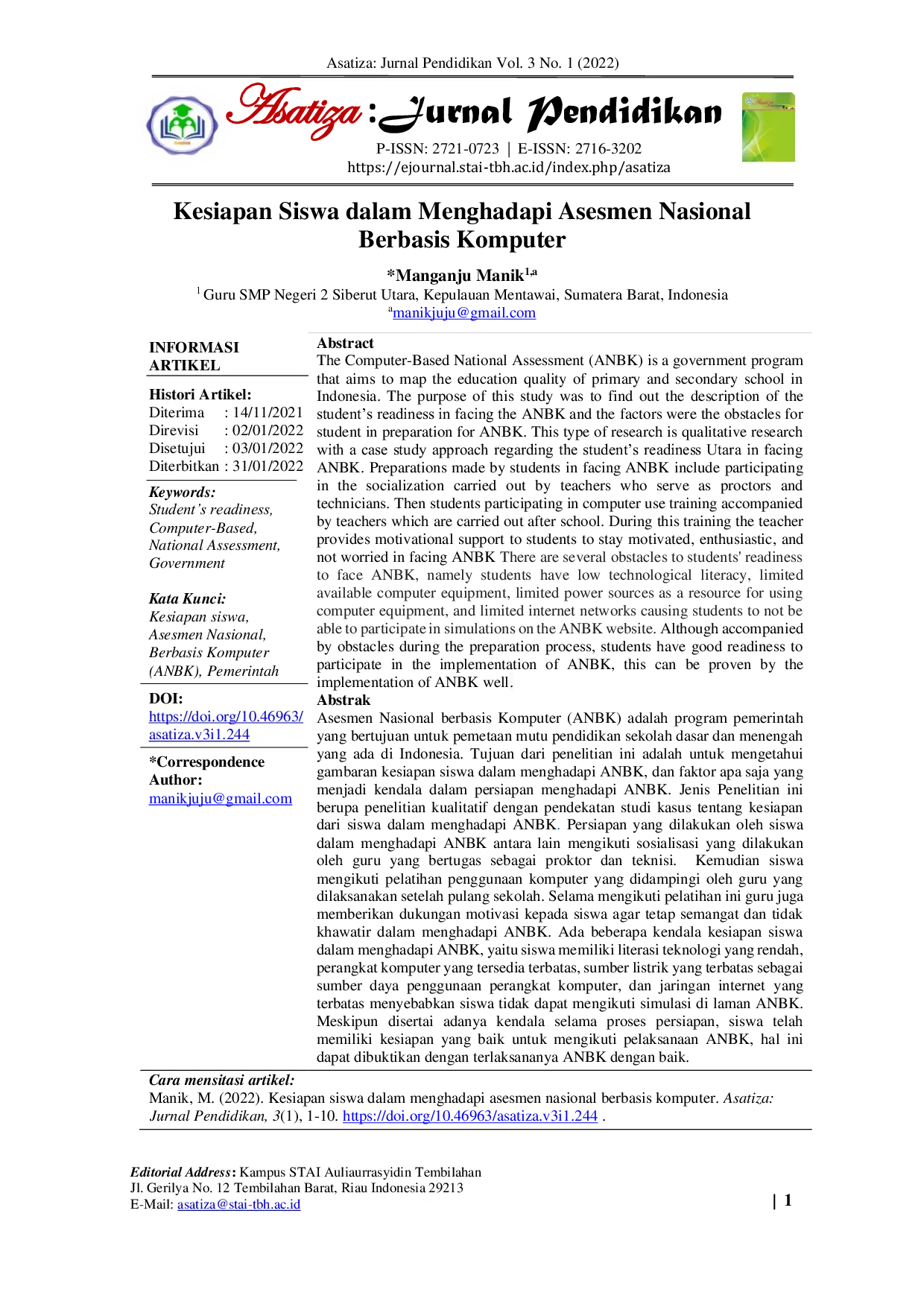 JURIS Kesiapan Siswa SMP Negeri 2 Siberut Utara dalam Menghadapi Asesmen Nasional Berbasis Komputer