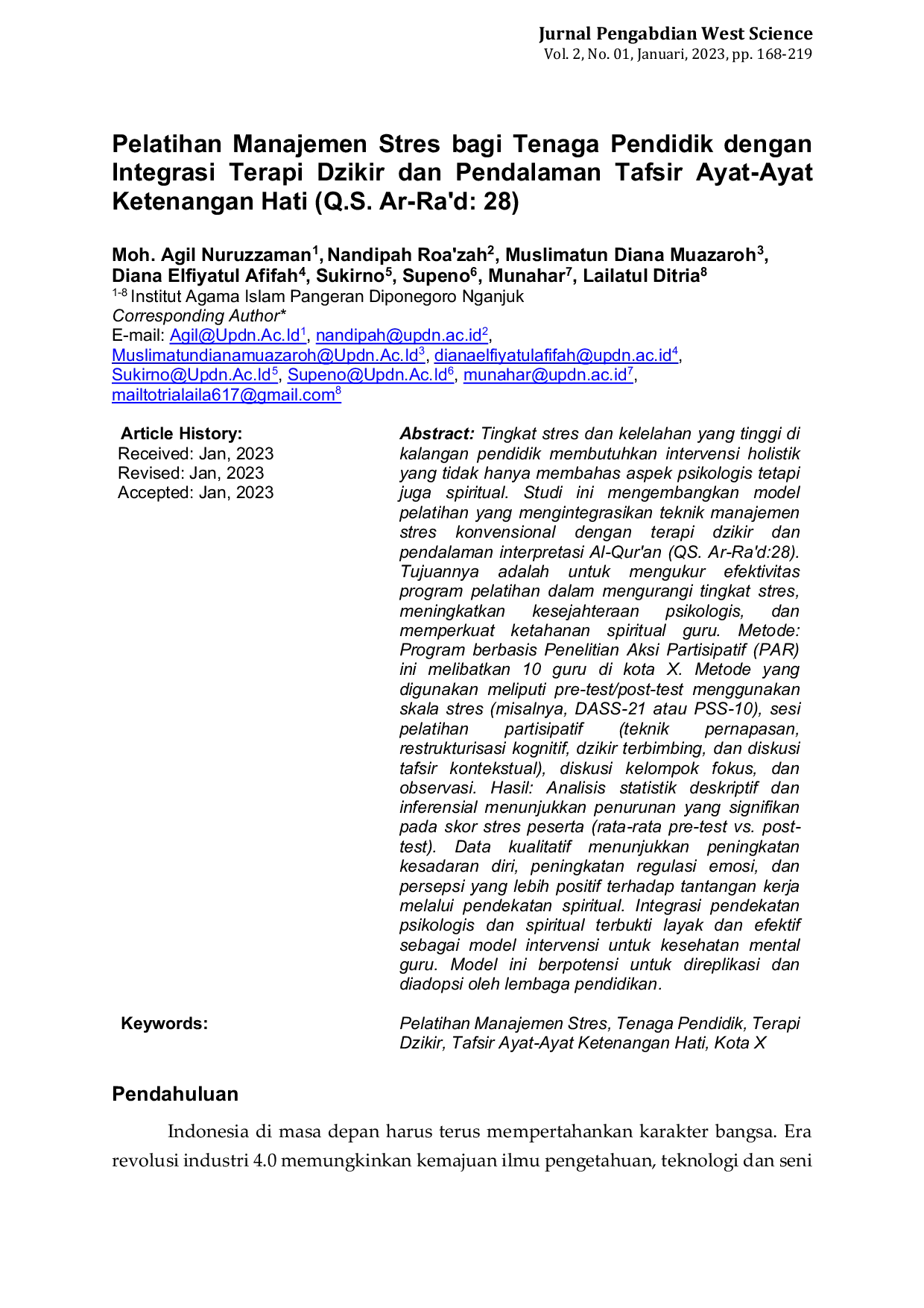 JURIS Pelatihan Manajemen Stres bagi Tenaga Pendidik dengan Integrasi Terapi Dzikir dan Pendalaman Tafsir Ayat Ayat Ketenangan Hati Q S Ar Ra d 28