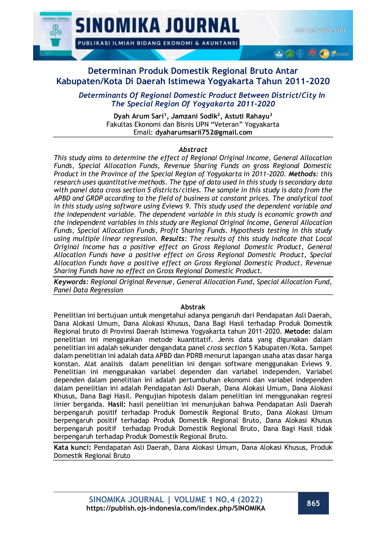 JURIS Determinan Produk Domestik Regional Bruto Antar Kabupaten Kota Di Daerah Istimewa Yogyakarta Tahun 2011 2020